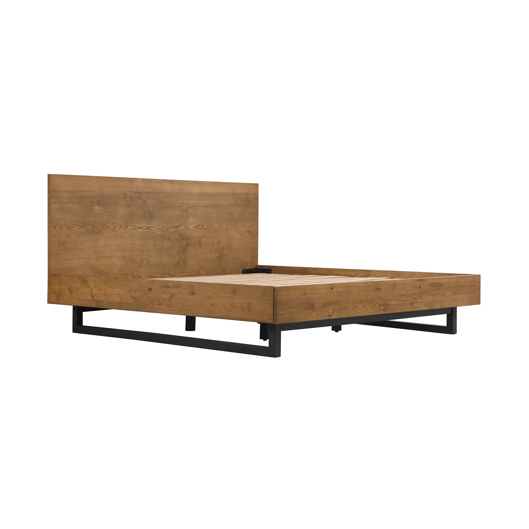 Aldo King Size 3 Piece Platform Bed Frame Bedroom Set in Brown Oak Wood and Black Metal - Image 3