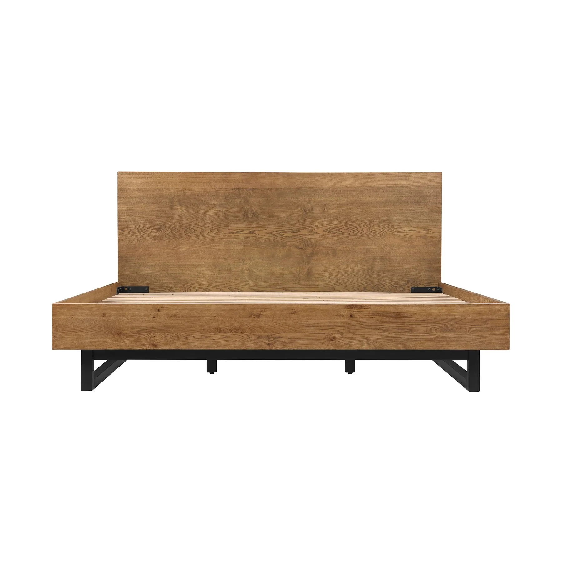 Aldo King Size 4 Piece Platform Bed Frame Bedroom Set in Brown Oak Wood and Black Metal - Image 2