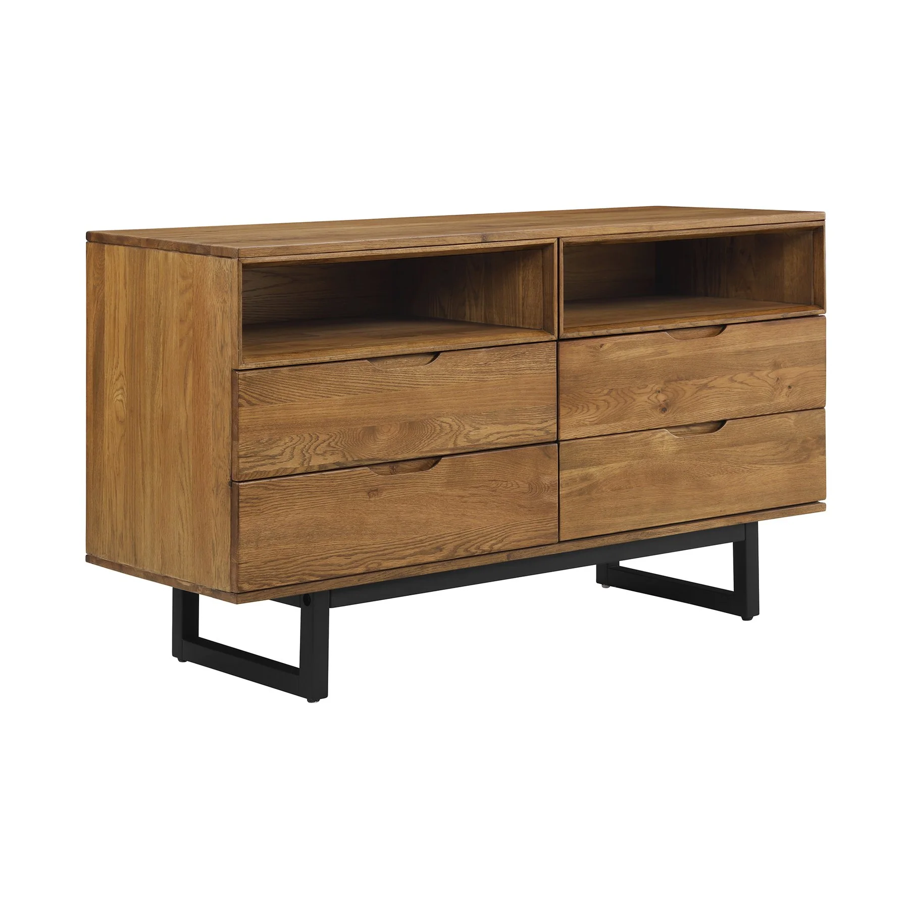 Aldo King Size 4 Piece Platform Bed Frame Bedroom Set in Brown Oak Wood and Black Metal - Image 5