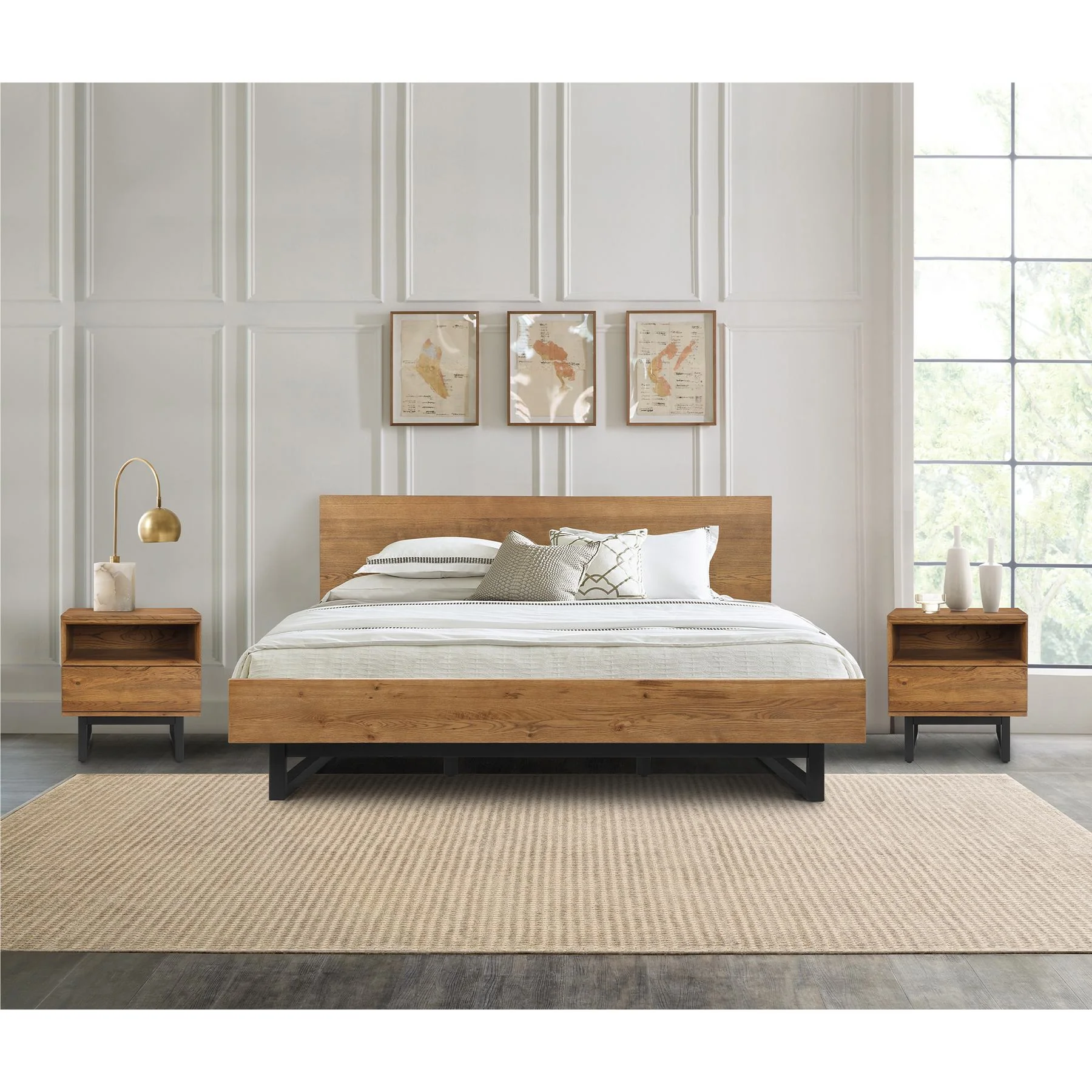 Aldo Queen Size 3 Piece Platform Bed Frame Bedroom Set in Brown Oak Wood and Black Metal - Image 12