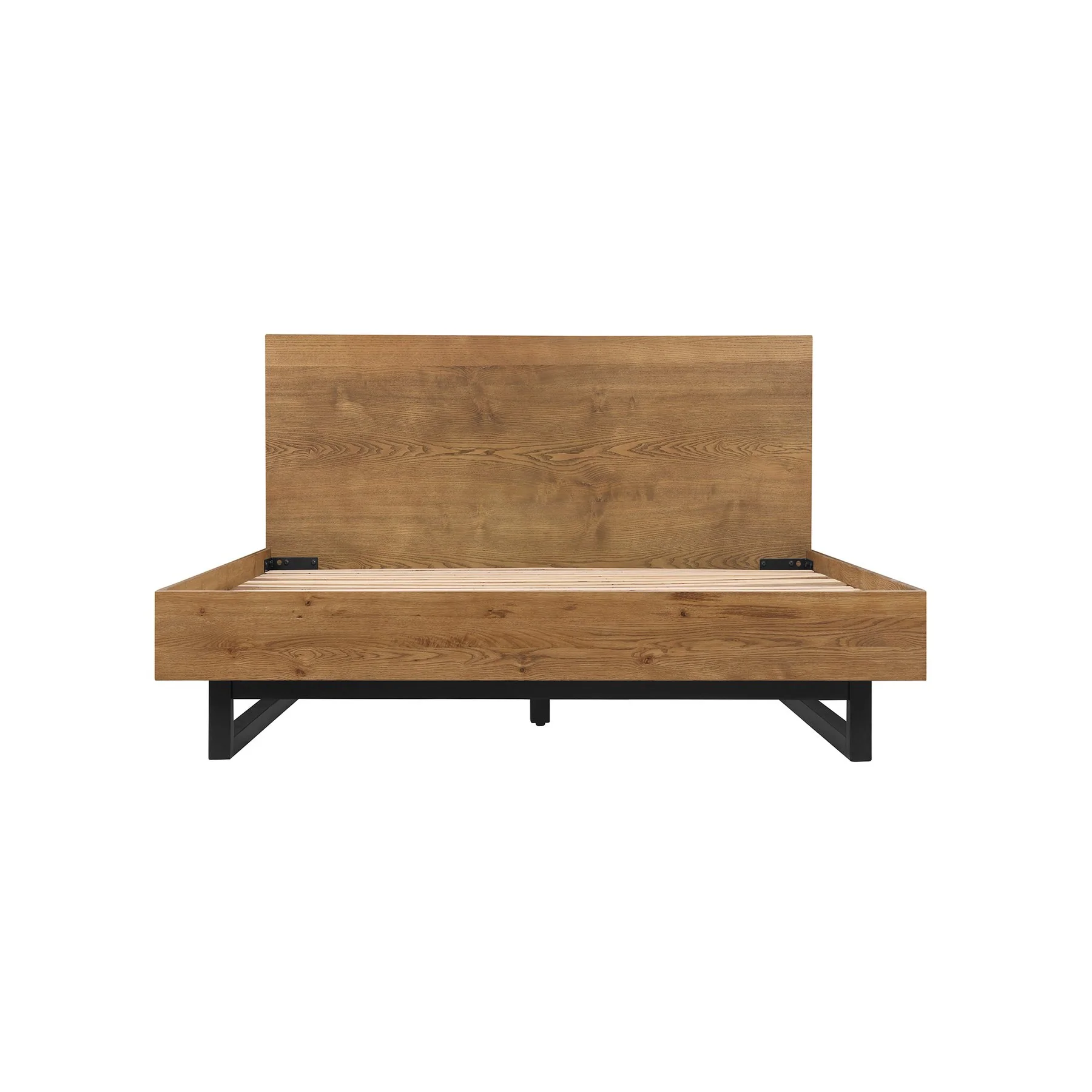 Aldo Queen Size 3 Piece Platform Bed Frame Bedroom Set in Brown Oak Wood and Black Metal - Image 2