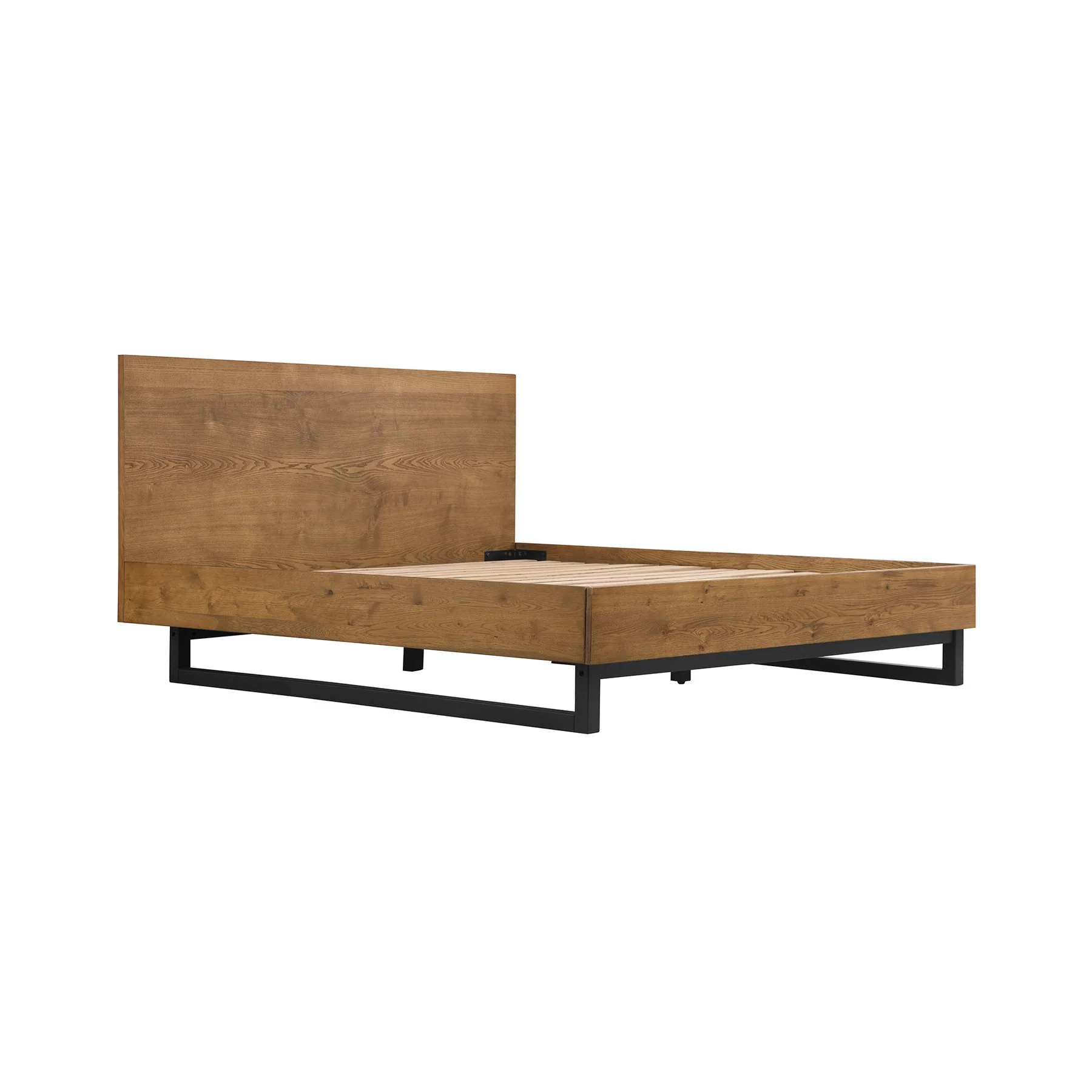 Aldo Queen Size 3 Piece Platform Bed Frame Bedroom Set in Brown Oak Wood and Black Metal - Image 3