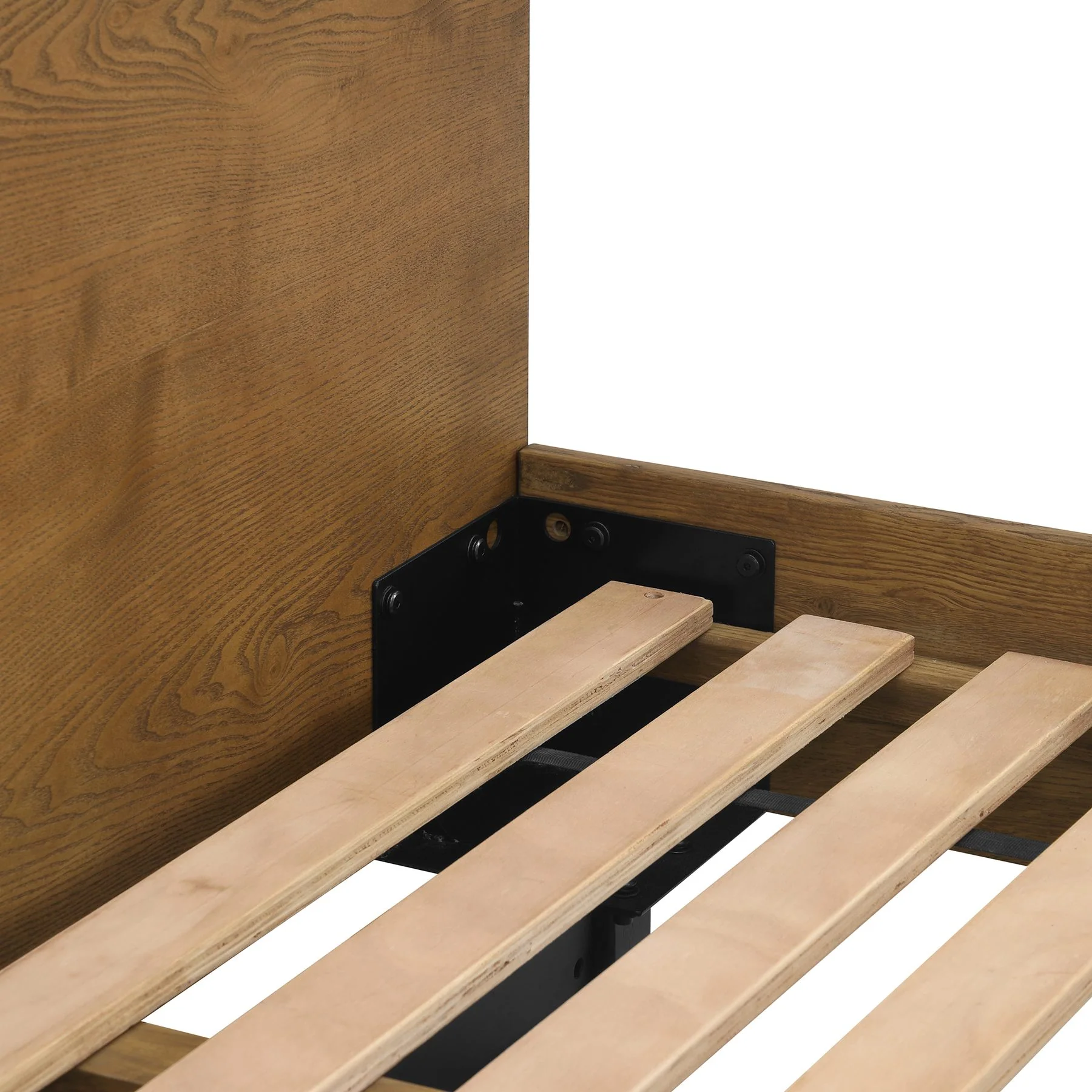 Aldo Queen Size 3 Piece Platform Bed Frame Bedroom Set in Brown Oak Wood and Black Metal - Image 6