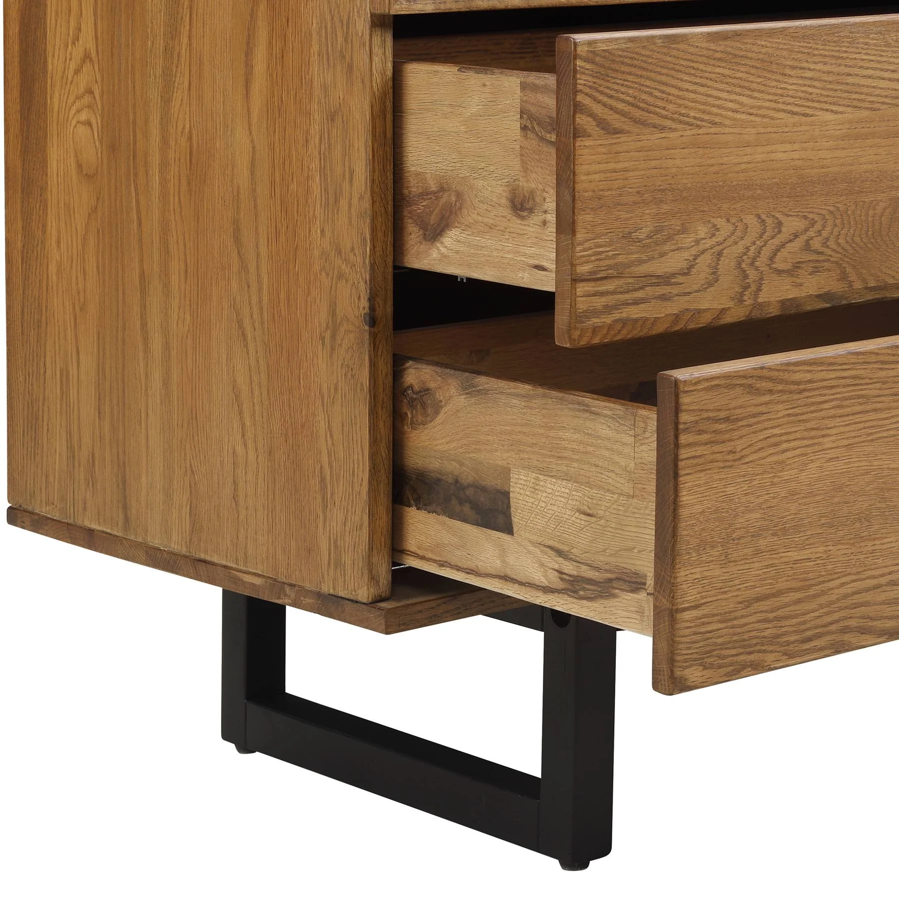 Aldo Queen Size 4 Piece Platform Bed Frame Bedroom Set in Brown Oak Wood and Black Metal - Image 10