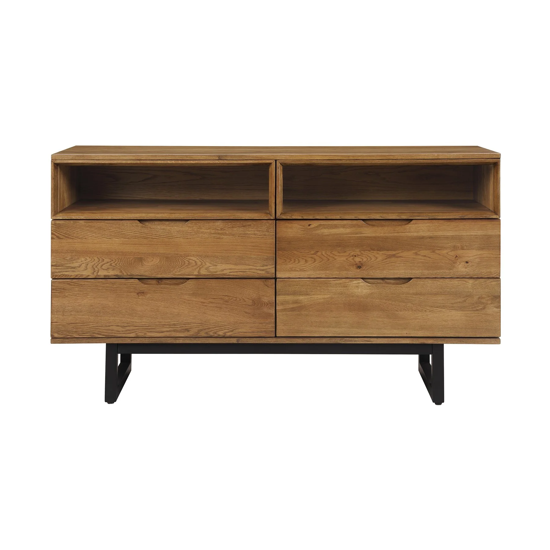 Aldo Queen Size 4 Piece Platform Bed Frame Bedroom Set in Brown Oak Wood and Black Metal - Image 4