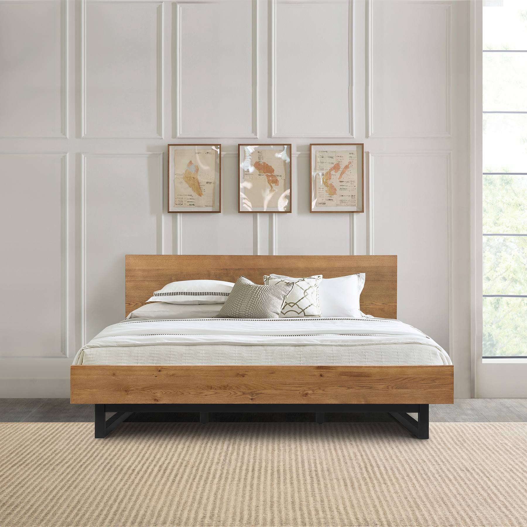 Aldo Queen Size Brown Oak Wood Platform Bed Frame with Black Metal Legs - Image 11