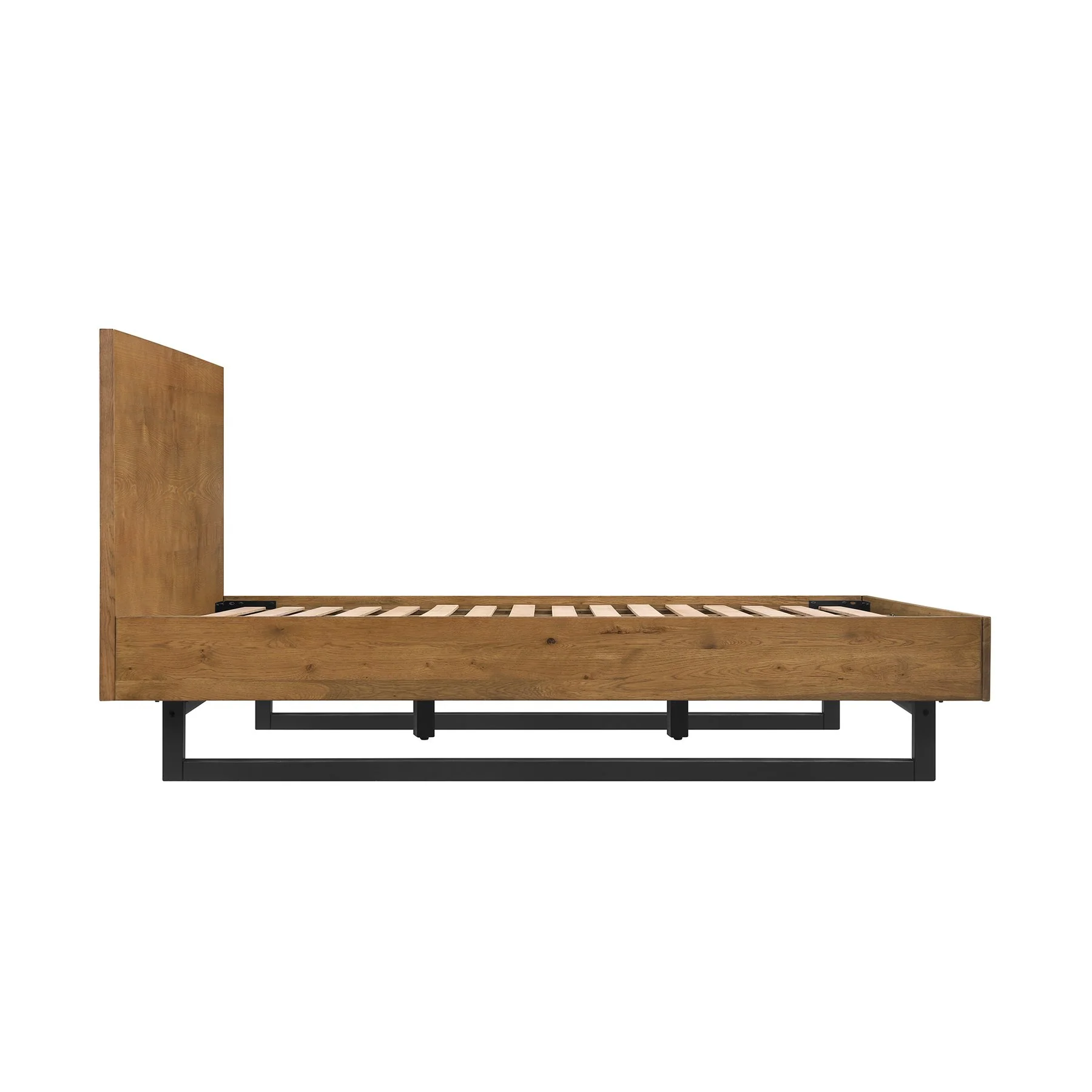 Aldo Queen Size Brown Oak Wood Platform Bed Frame with Black Metal Legs - Image 3