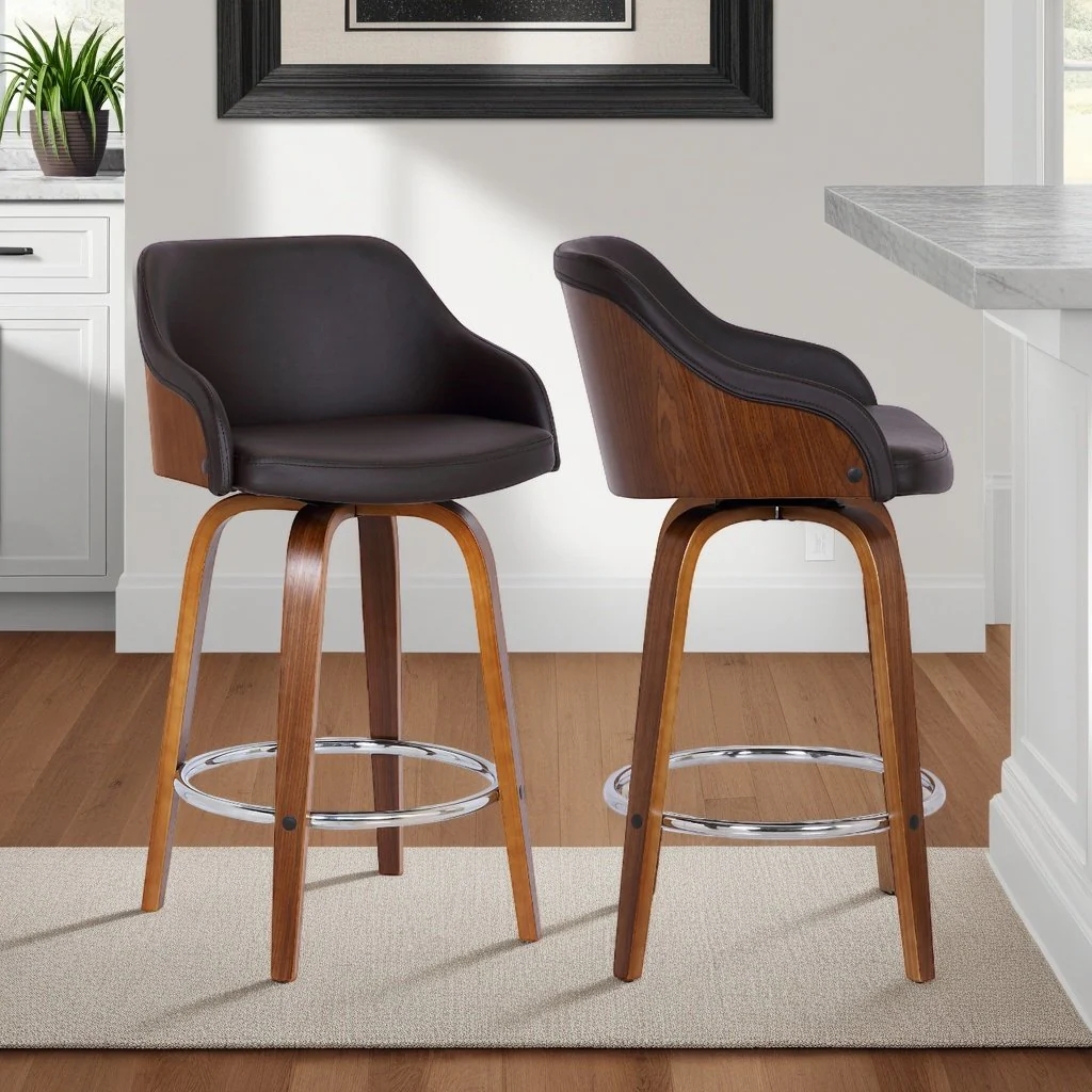 Alec 26" Counter Height Swivel Brown Faux Leather and Walnut Wood Bar Stool - Image 7