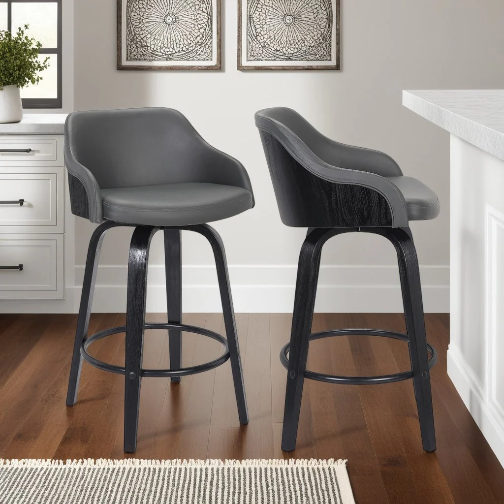 Alec 26" Counter Height Swivel Gray Faux Leather and Black Wood Bar Stool - Image 7