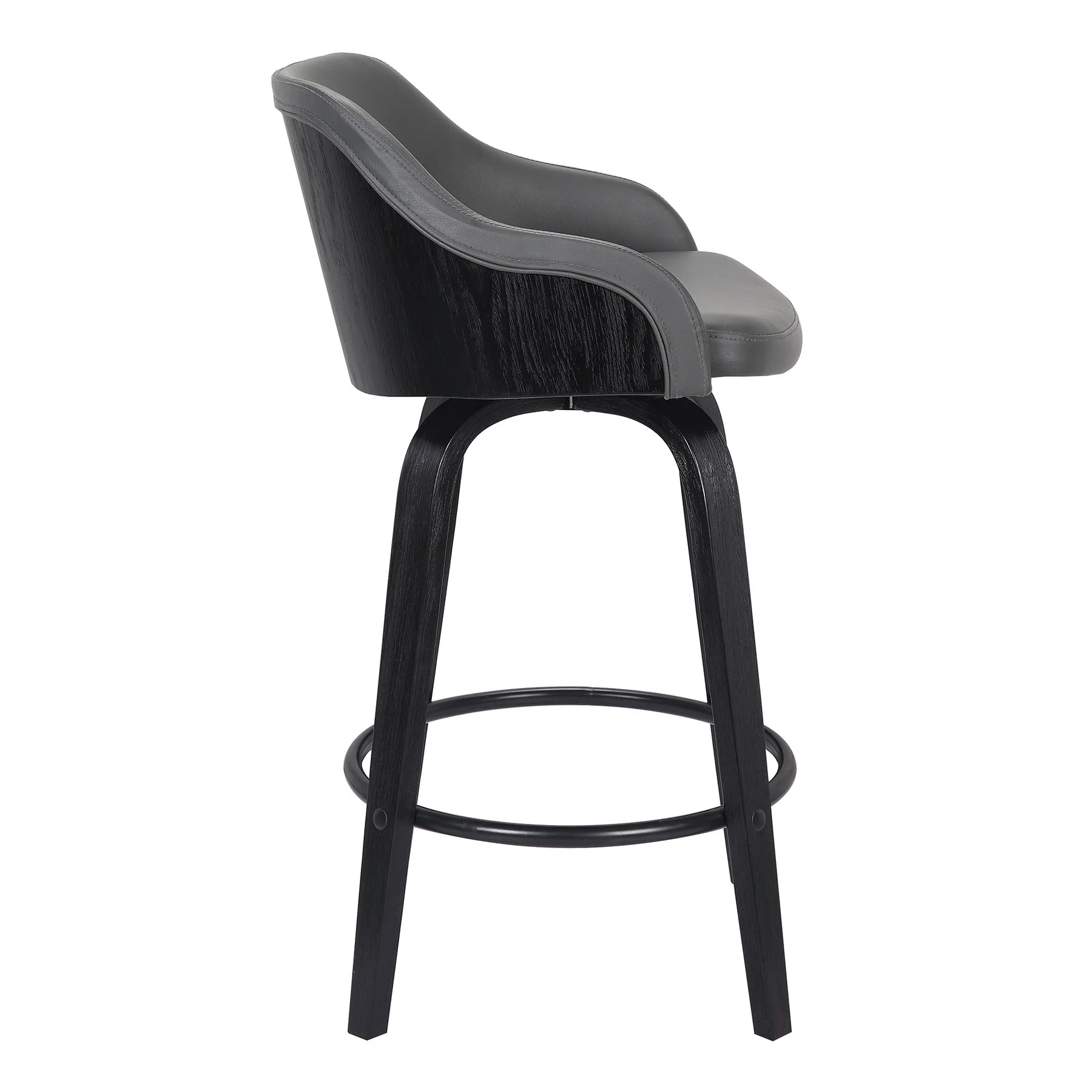 Alec 30" Bar Height Swivel Gray Faux Leather and Black Wood Bar Stool - Image 3