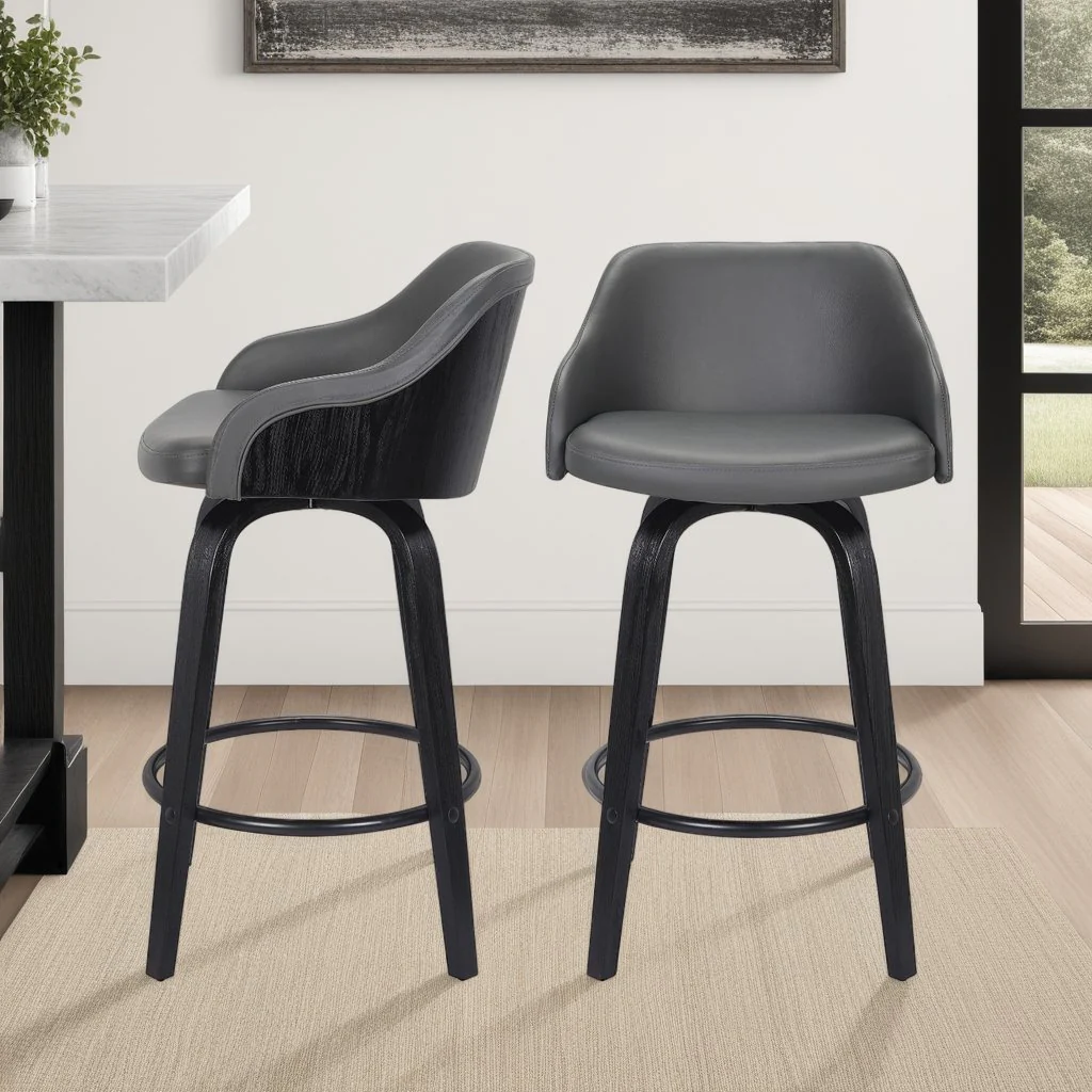 Alec 30" Bar Height Swivel Gray Faux Leather and Black Wood Bar Stool - Image 7