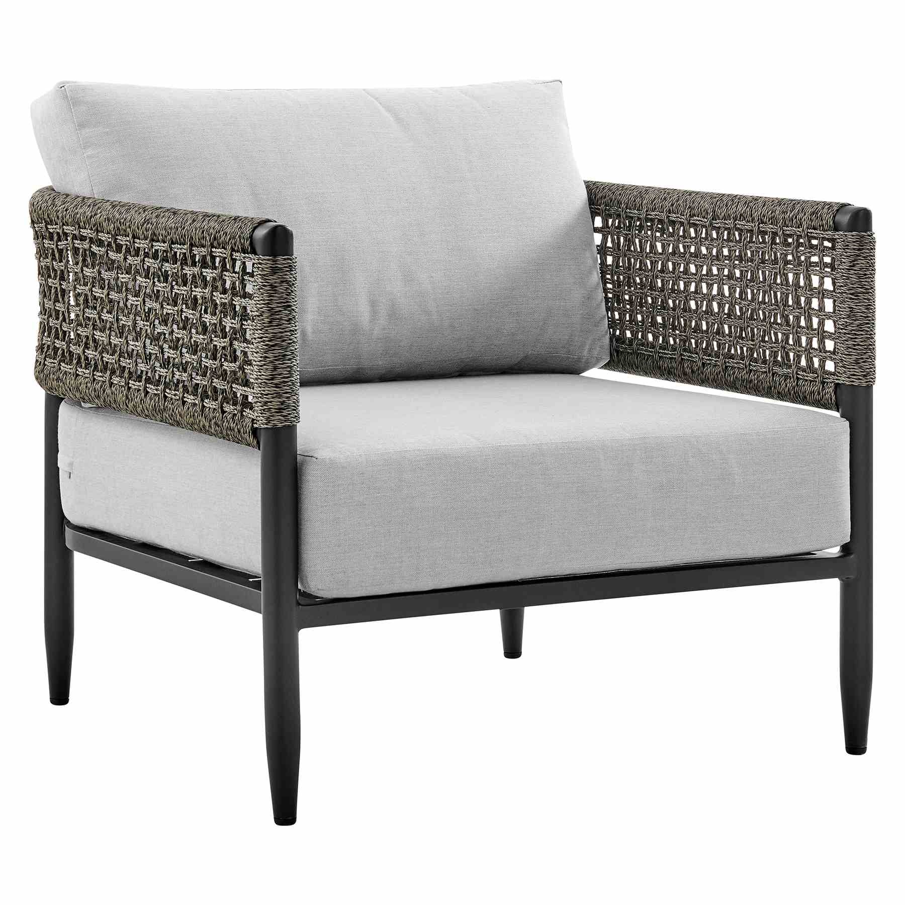 Alegria 4 Piece Outdoor Black Aluminum & Rope Conversation Set with Light Gray Fabric Cushions - Image 4