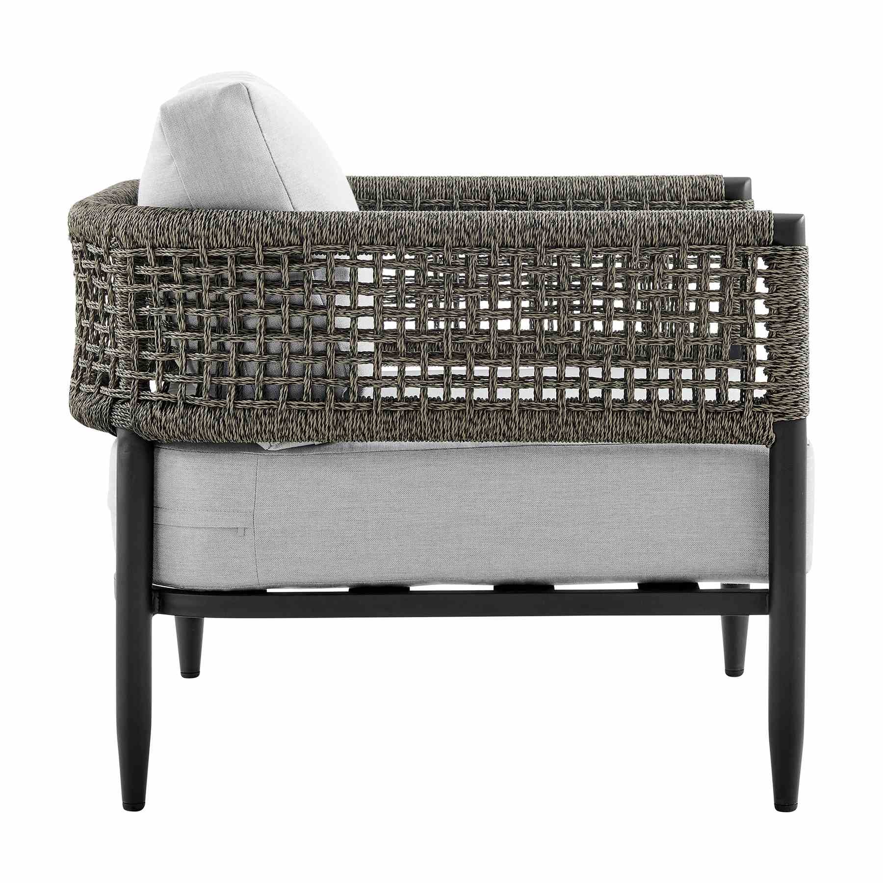 Alegria 4 Piece Outdoor Black Aluminum & Rope Conversation Set with Light Gray Fabric Cushions - Image 5