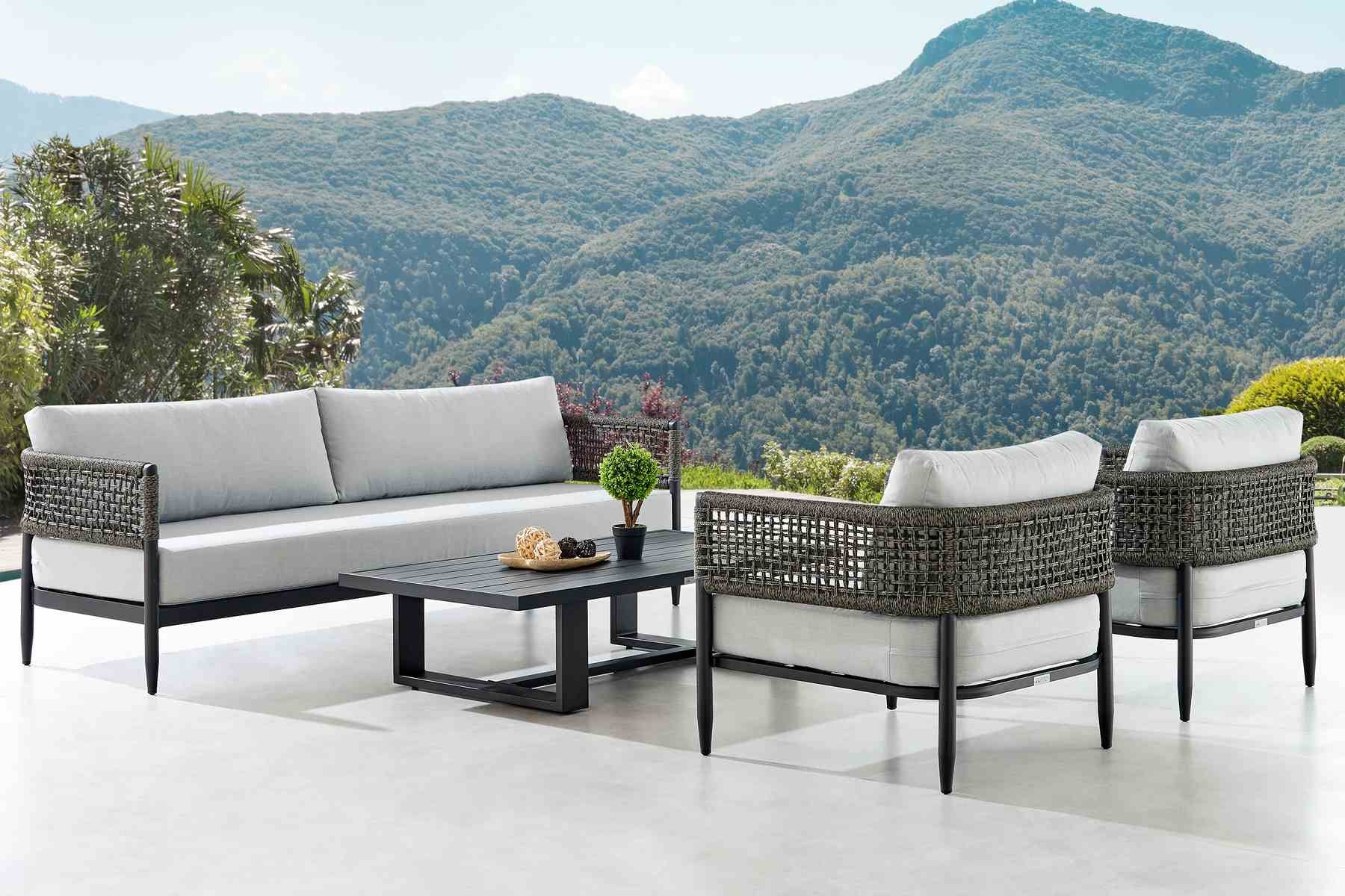 Alegria 4 Piece Outdoor Black Aluminum & Rope Conversation Set with Light Gray Fabric Cushions - Image 9