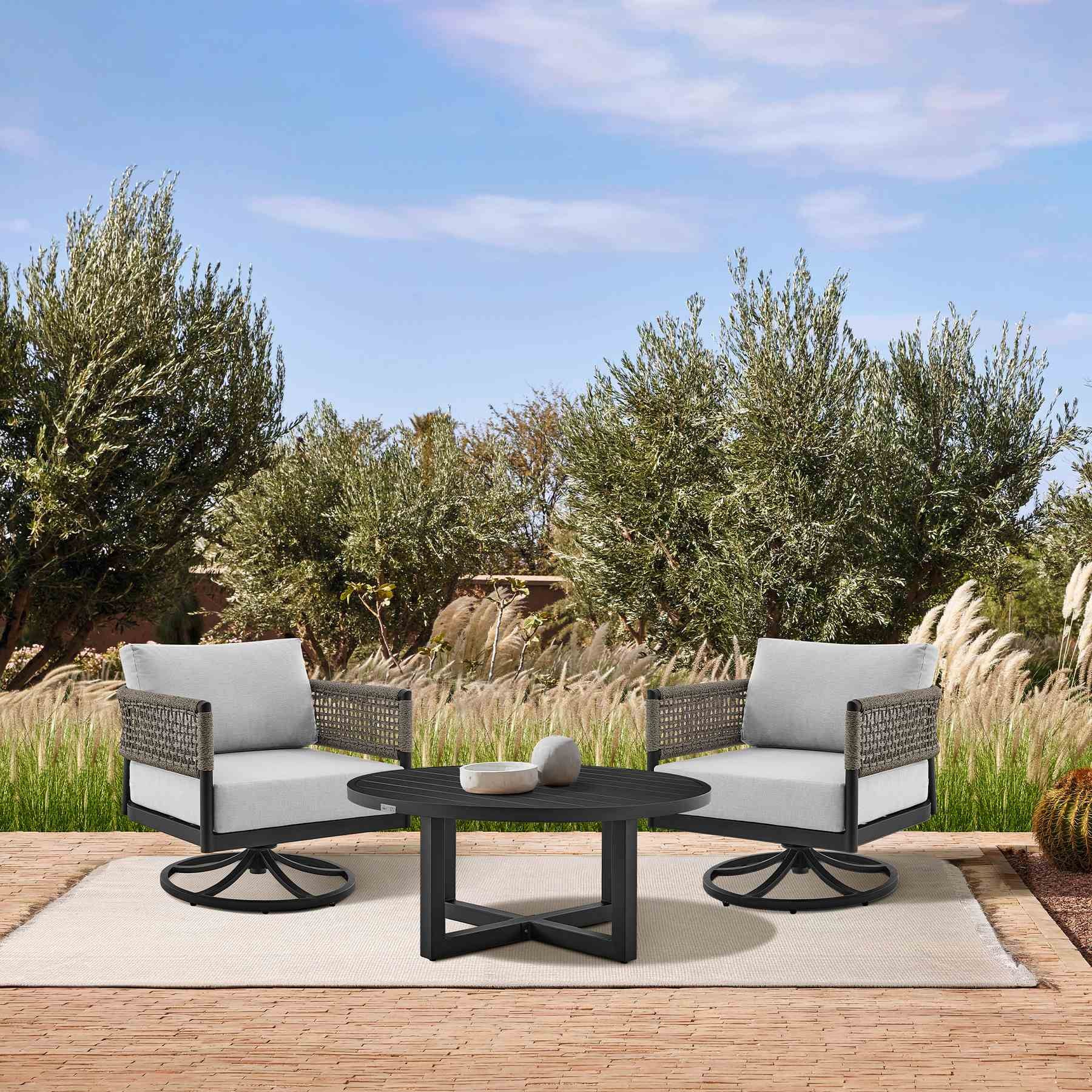 Alegria and Menorca 3 Piece Patio Outdoor Swivel Seating Set in Black Aluminum with Gray Rope and Cushions - Image 13