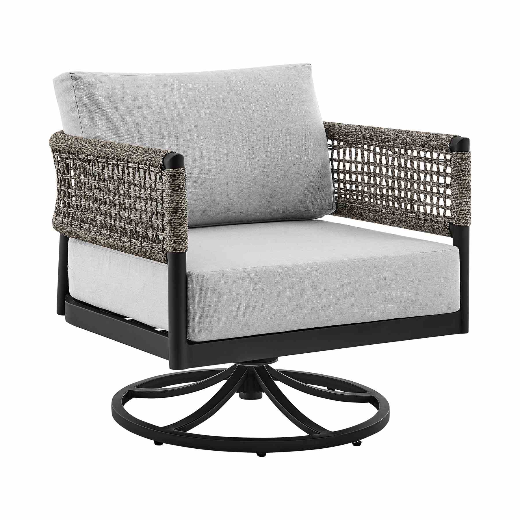 Alegria and Menorca 3 Piece Patio Outdoor Swivel Seating Set in Black Aluminum with Gray Rope and Cushions - Image 2