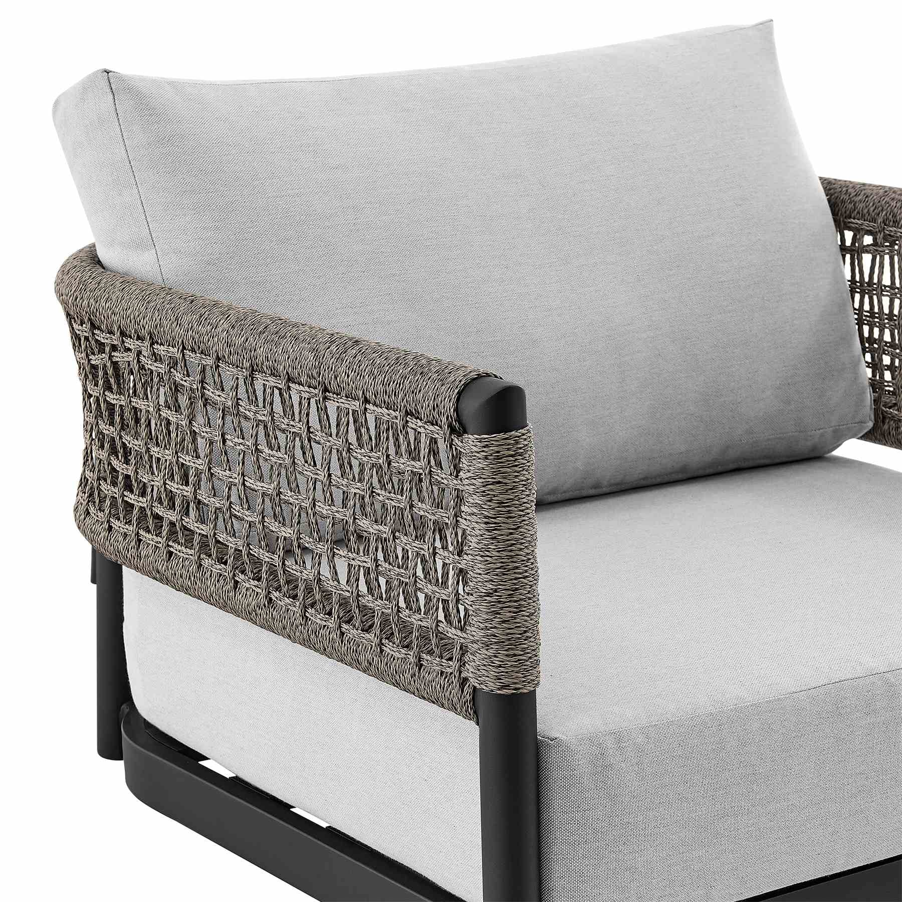 Alegria and Menorca 3 Piece Patio Outdoor Swivel Seating Set in Black Aluminum with Gray Rope and Cushions - Image 8
