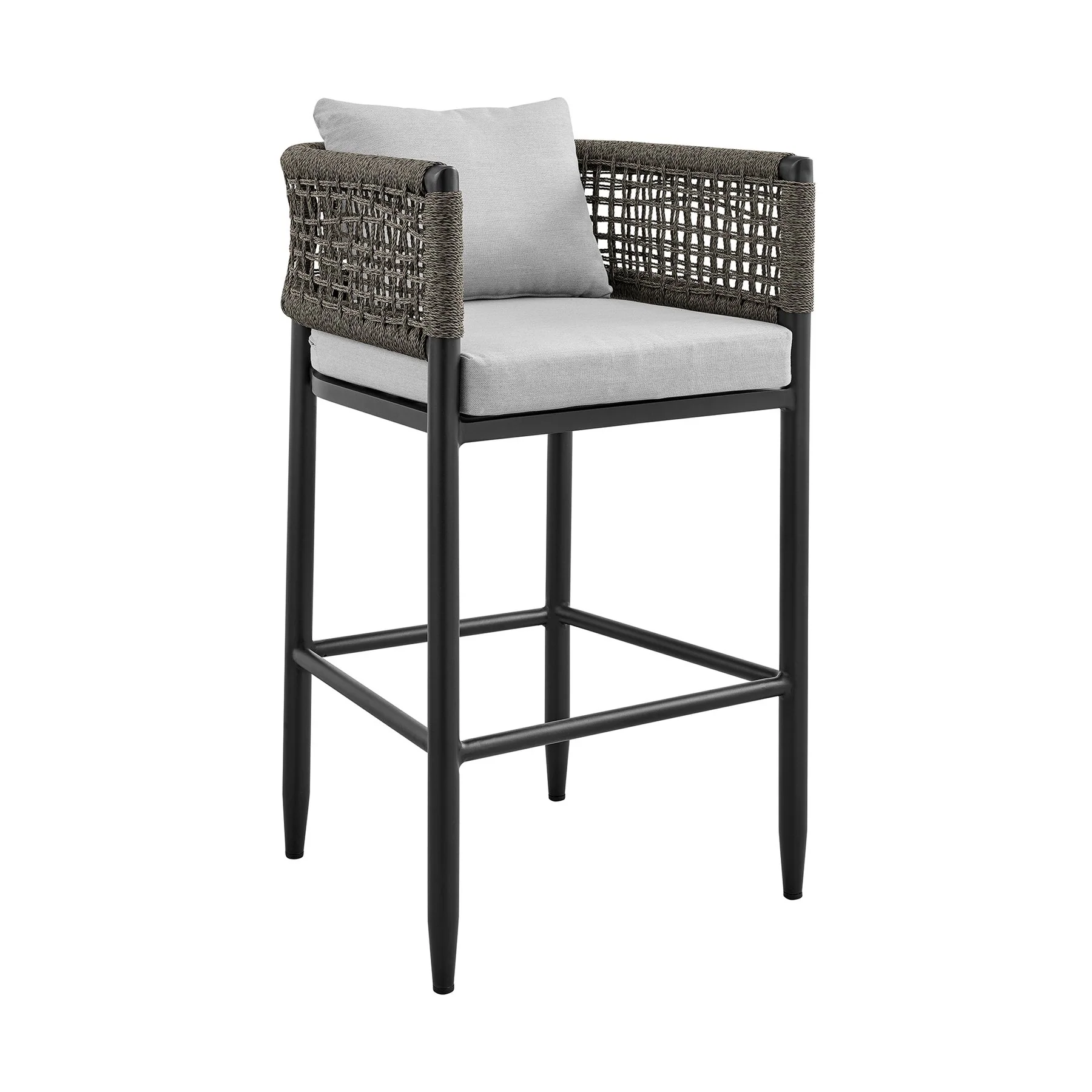 Alegria Outdoor Patio 5-Piece Bar Table Set in Aluminum with Gray Rope and Cushions - Image 2