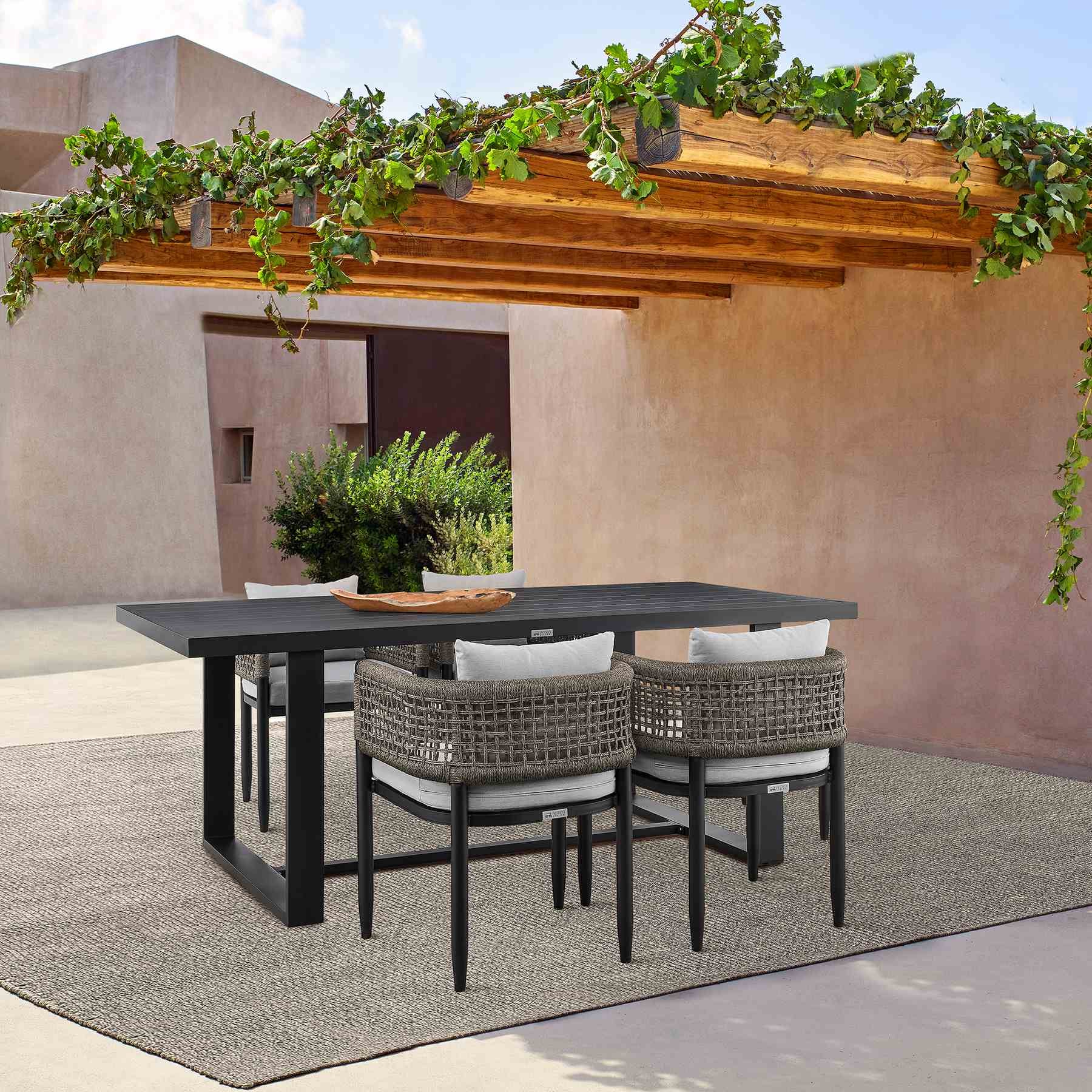 Alegria Outdoor Patio 5-Piece Dining Table Set in Aluminum with Gray Rope and Cushions - Image 12