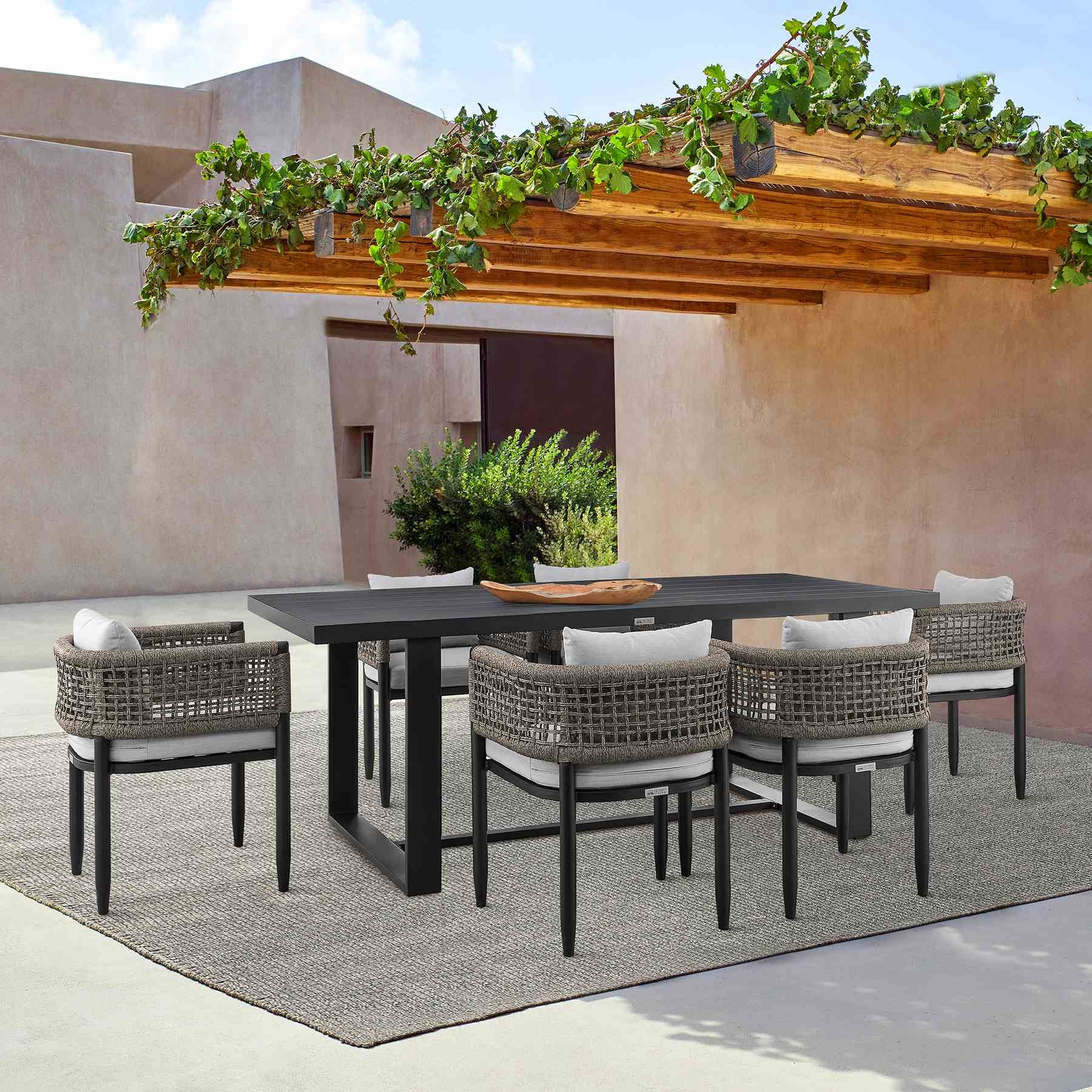 Alegria Outdoor Patio 7-Piece Dining Table Set in Aluminum with Gray Rope and Cushions - Image 12