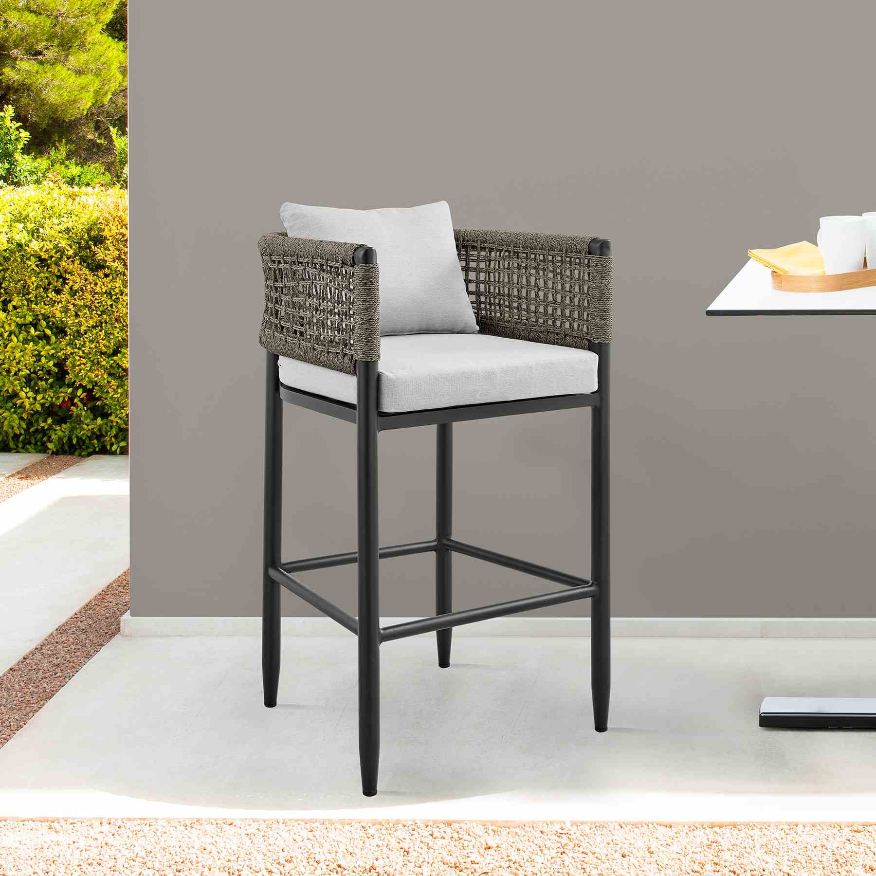 Alegria Outdoor Patio Bar Stool in Aluminum with Gray Rope and Cushions - Image 10