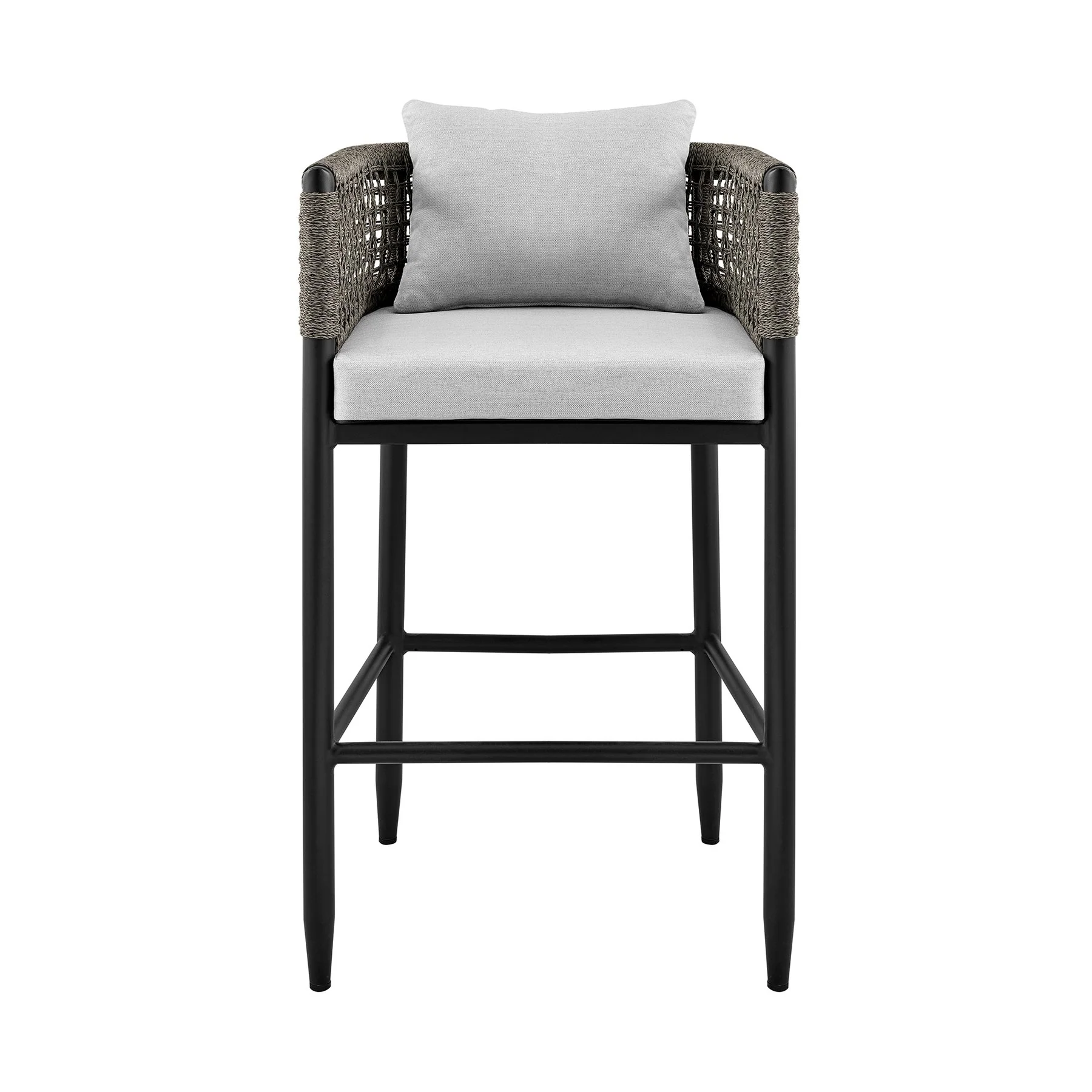 Alegria Outdoor Patio Bar Stool in Aluminum with Gray Rope and Cushions - Image 2