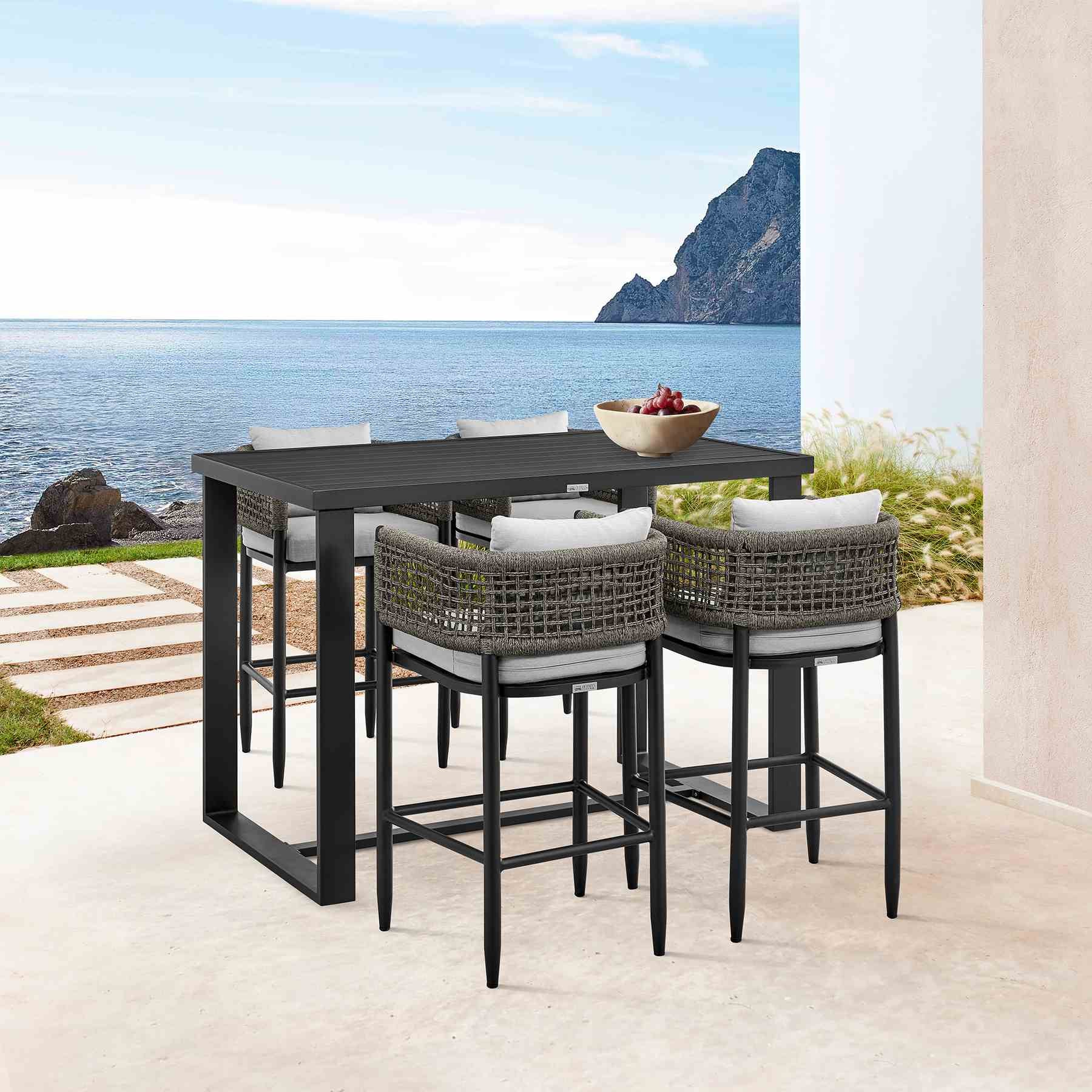Alegria Outdoor Patio Counter Height Bar Stool in Aluminum with Gray Rope and Cushions - Image 11