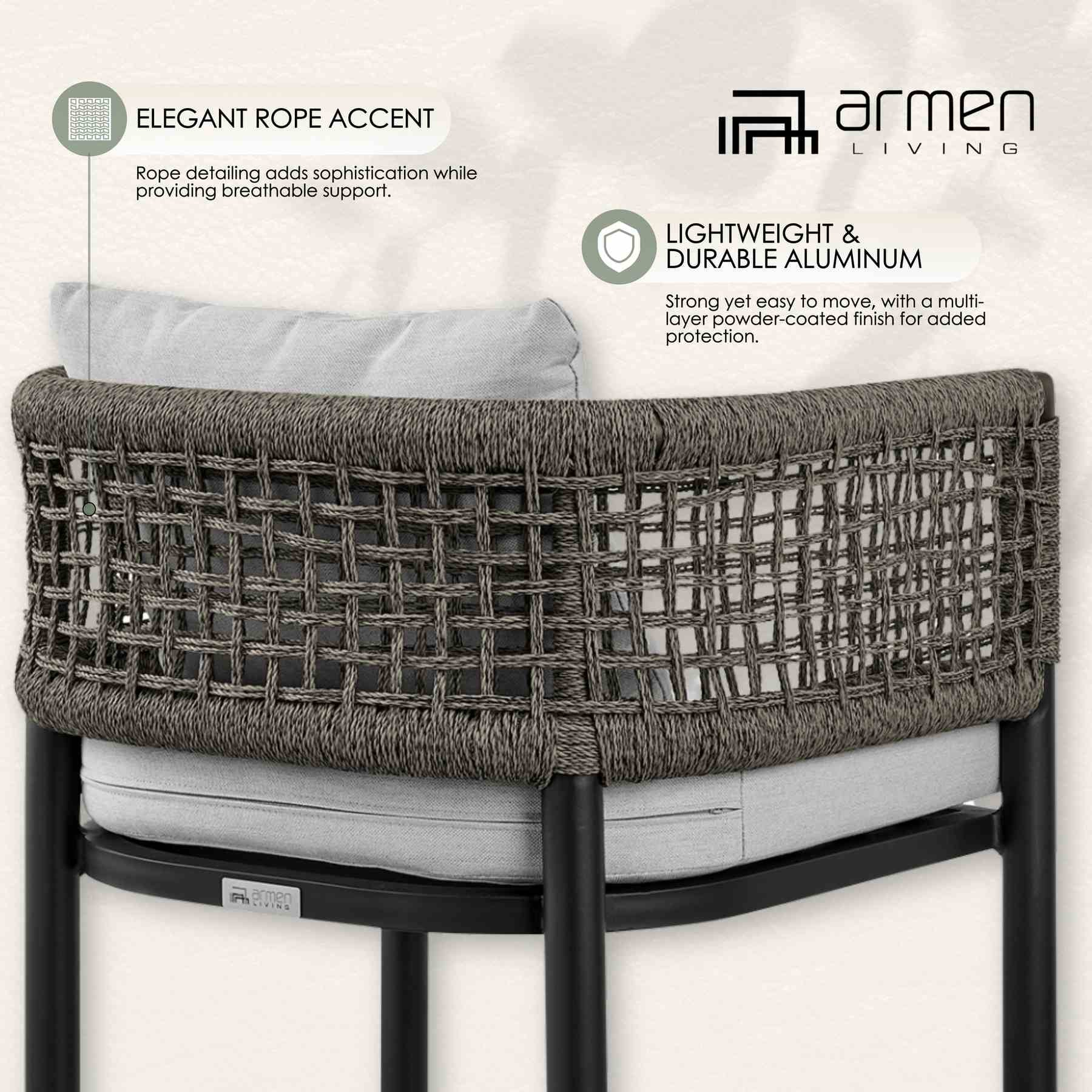 Alegria Outdoor Patio Counter Height Bar Stool in Aluminum with Gray Rope and Cushions - Image 13