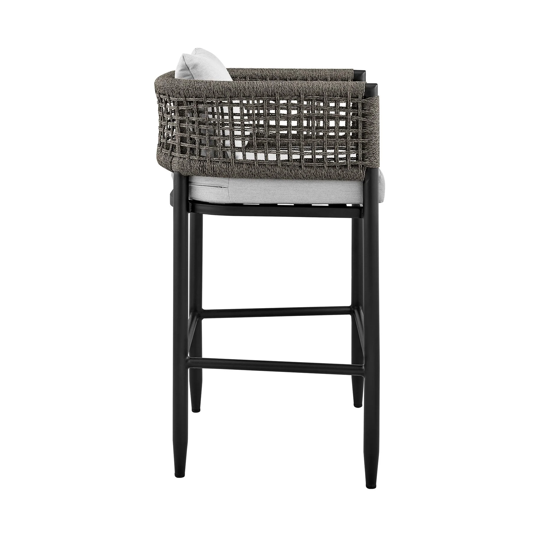 Alegria Outdoor Patio Counter Height Bar Stool in Aluminum with Gray Rope and Cushions - Image 3