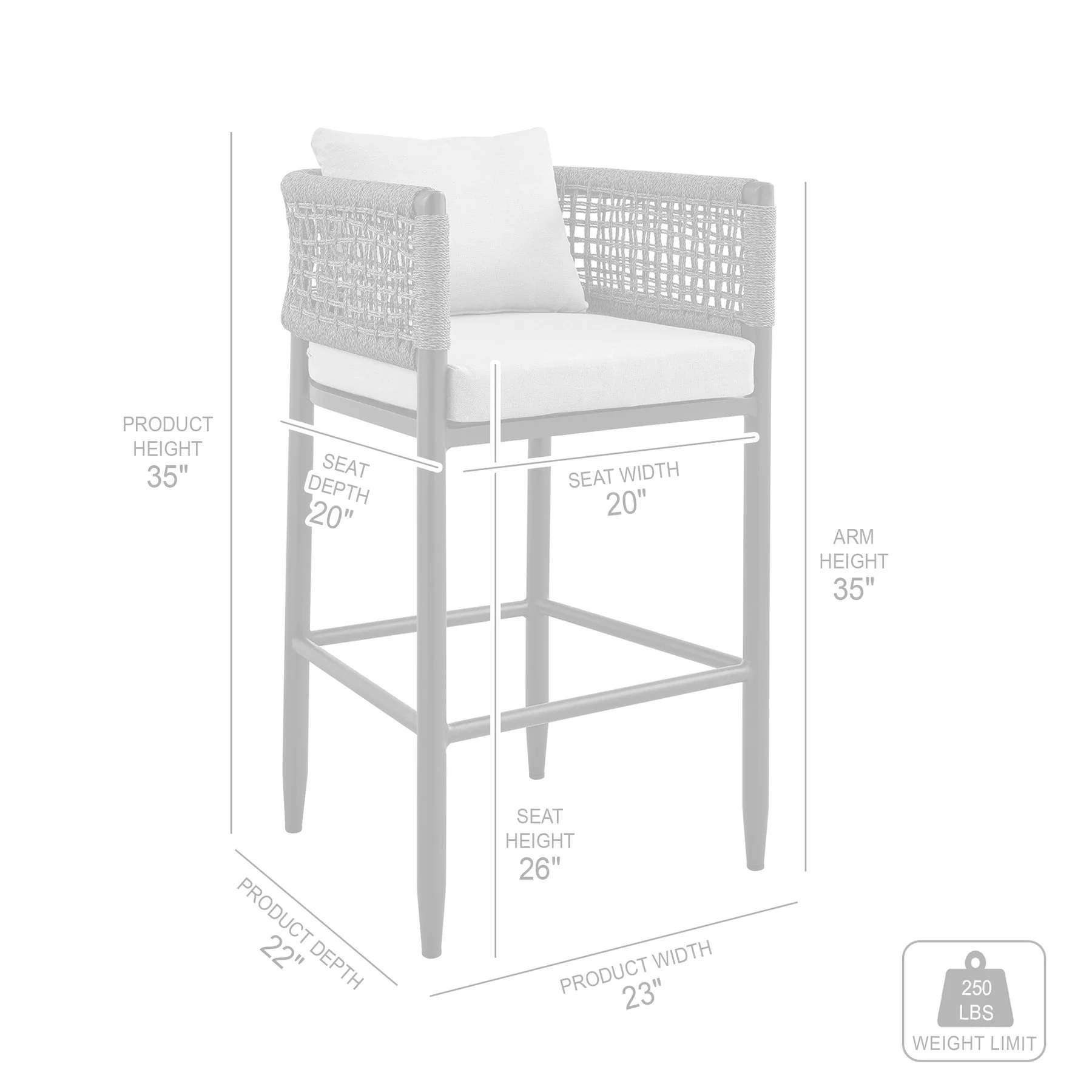 Alegria Outdoor Patio Counter Height Bar Stool in Aluminum with Gray Rope and Cushions - Image 9