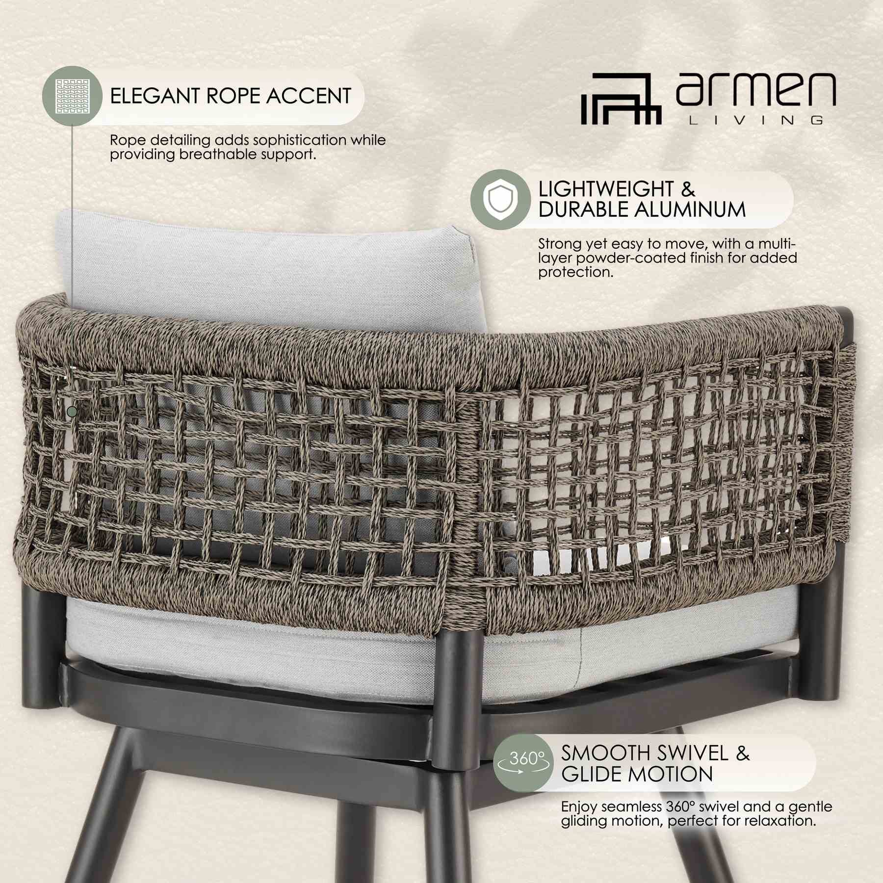 Alegria Outdoor Patio Swivel Bar Stool in Aluminum with Gray Rope and Light Gray Cushions - Image 12