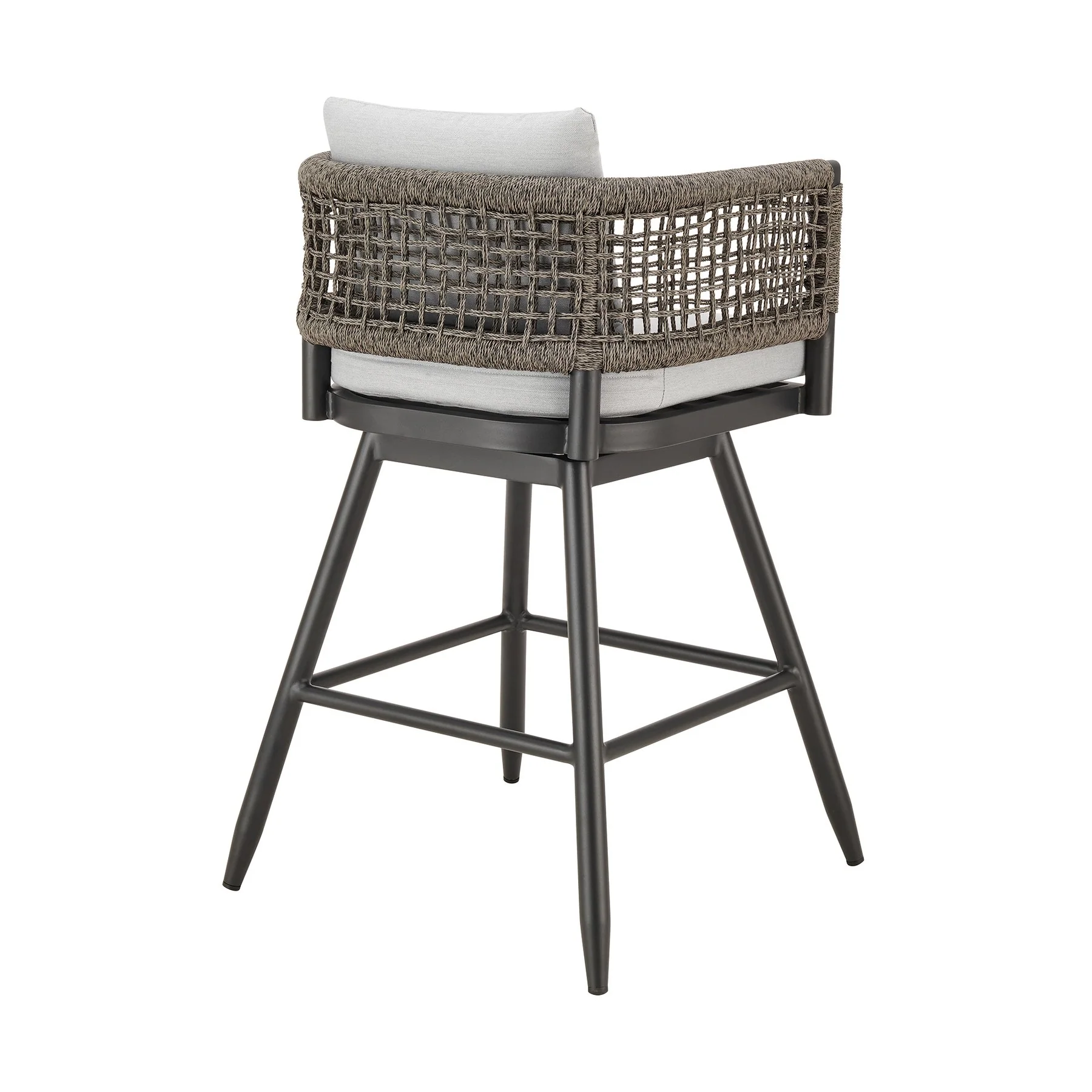 Alegria Outdoor Patio Swivel Bar Stool in Aluminum with Gray Rope and Light Gray Cushions - Image 3