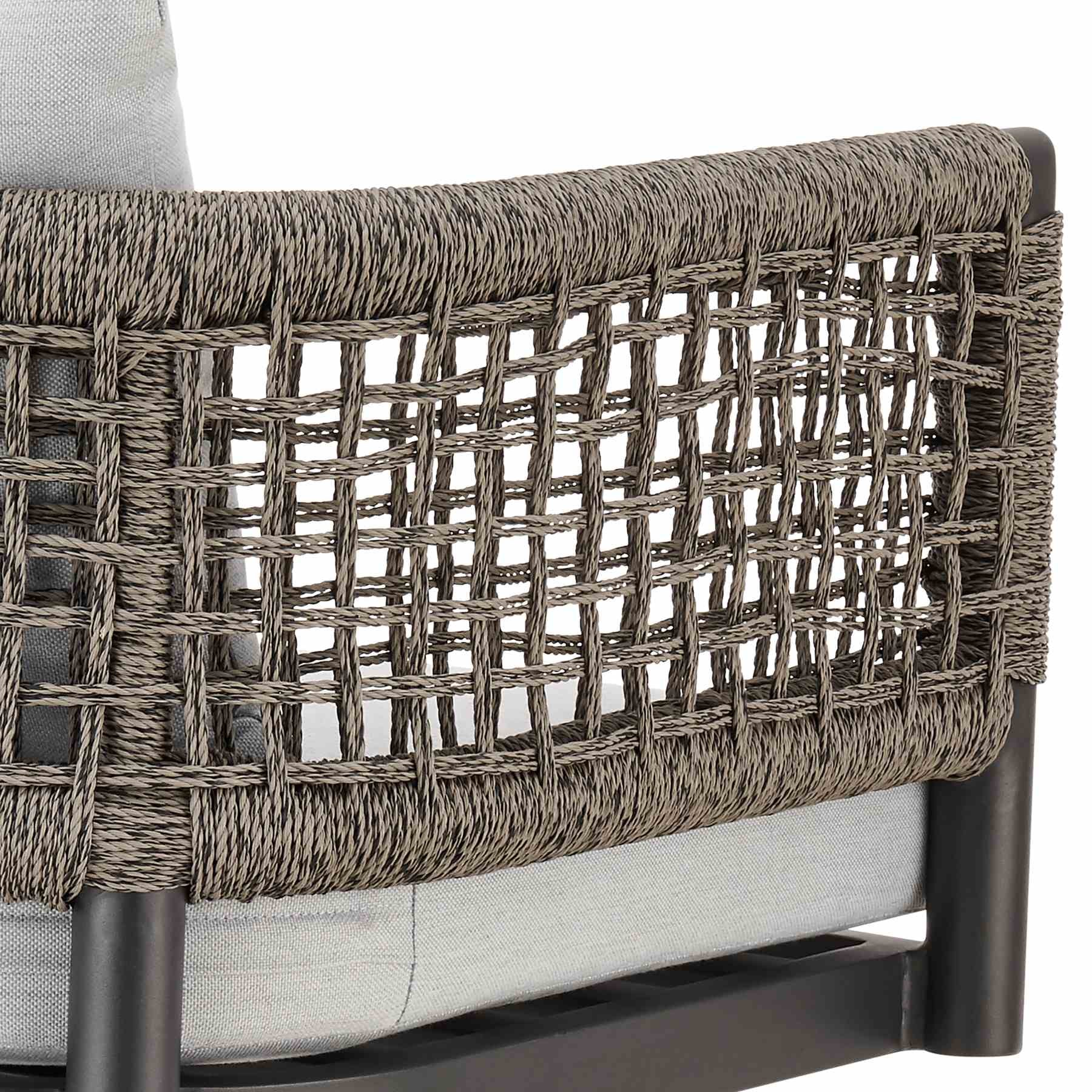 Alegria Outdoor Patio Swivel Bar Stool in Aluminum with Gray Rope and Light Gray Cushions - Image 7