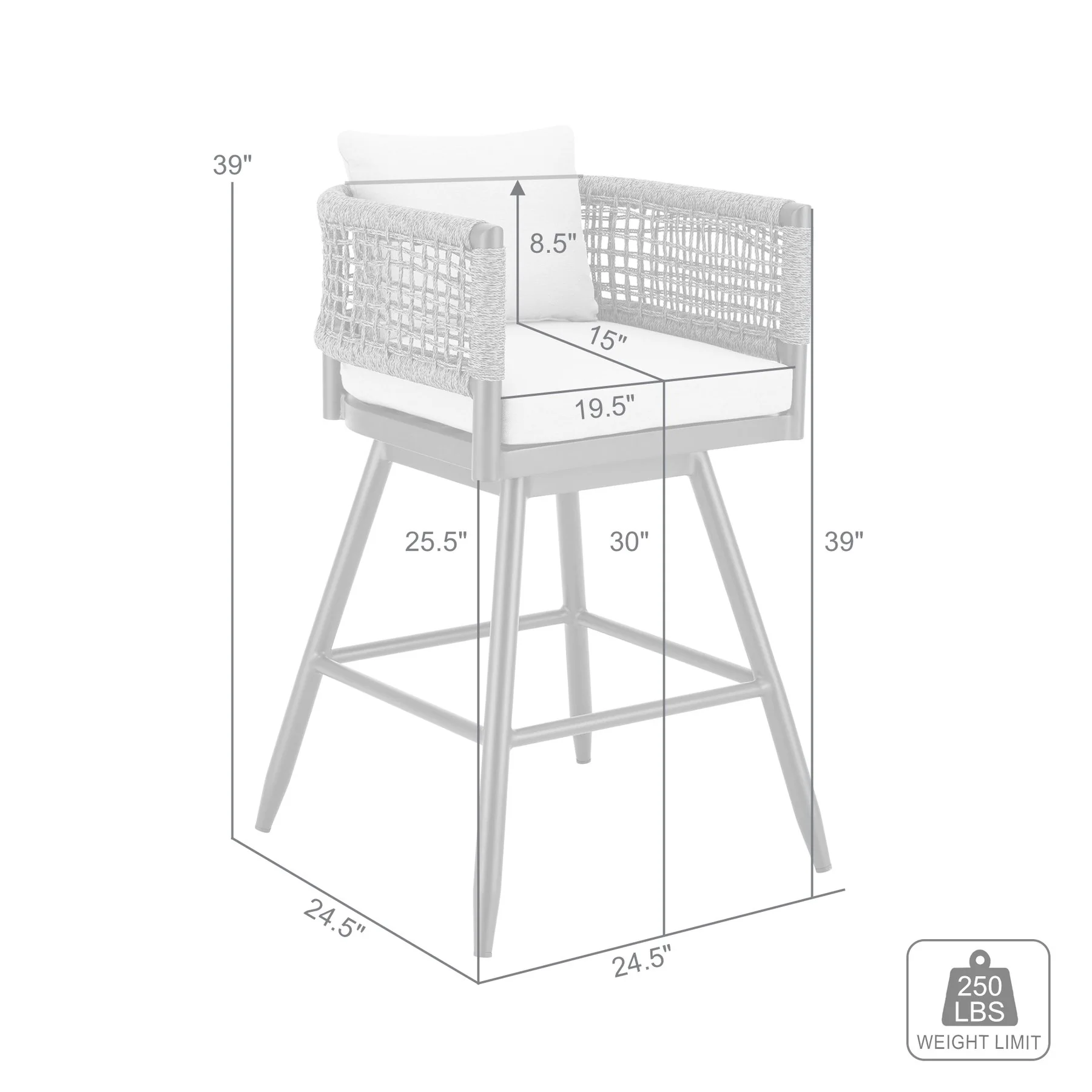 Alegria Outdoor Patio Swivel Bar Stool in Aluminum with Gray Rope and Light Gray Cushions - Image 9
