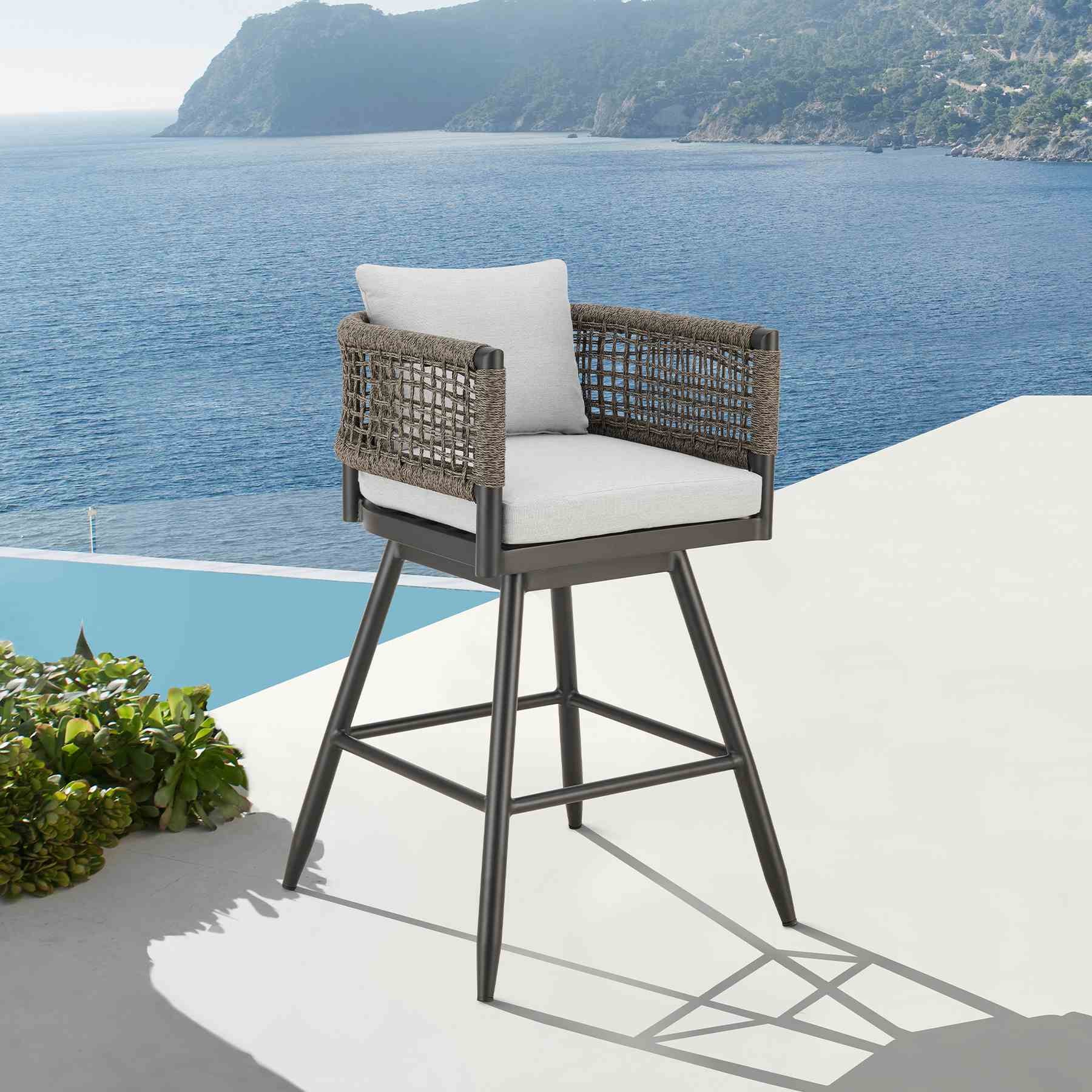 Alegria Outdoor Patio Swivel Counter Stool in Aluminum with Gray Rope and Light Gray Cushions - Image 10