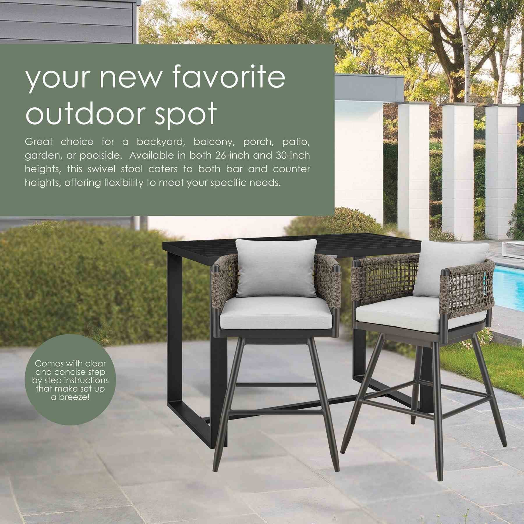 Alegria Outdoor Patio Swivel Counter Stool in Aluminum with Gray Rope and Light Gray Cushions - Image 13