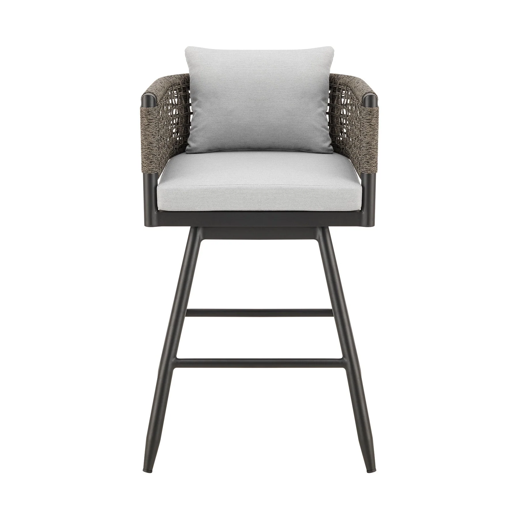 Alegria Outdoor Patio Swivel Counter Stool in Aluminum with Gray Rope and Light Gray Cushions - Image 2