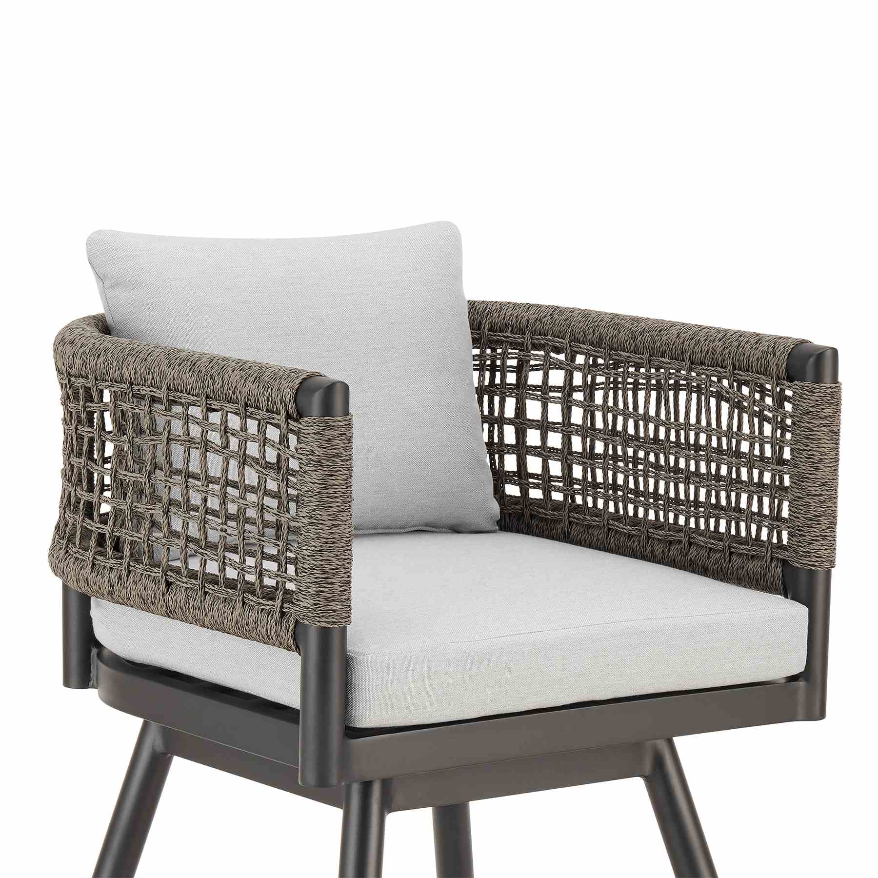 Alegria Outdoor Patio Swivel Counter Stool in Aluminum with Gray Rope and Light Gray Cushions - Image 4