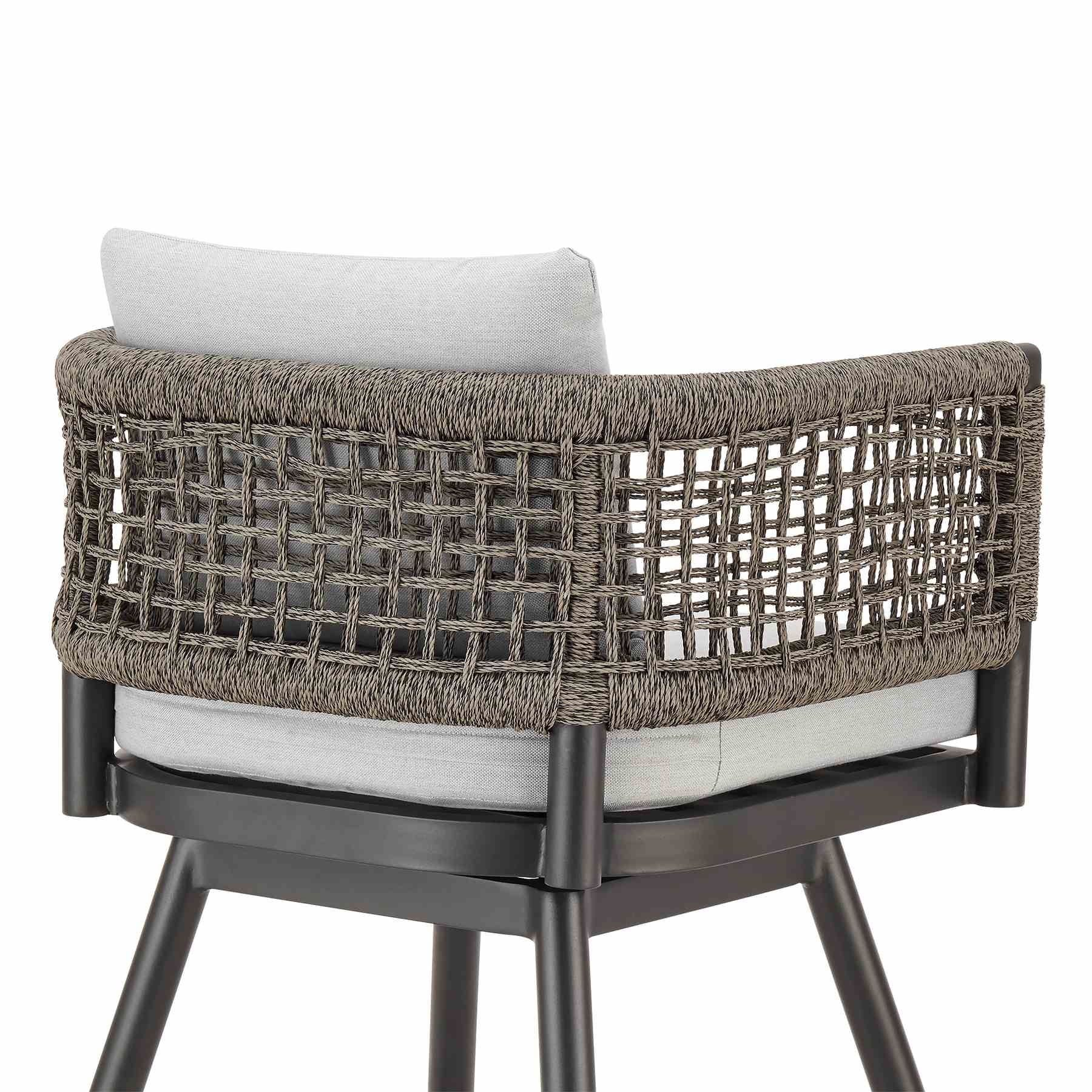 Alegria Outdoor Patio Swivel Counter Stool in Aluminum with Gray Rope and Light Gray Cushions - Image 5