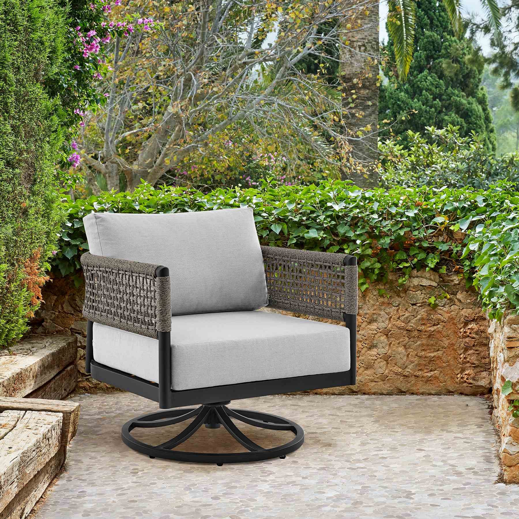 Alegria Outdoor Patio Swivel Rocking Chair in Black Aluminum and Gray Rope with Cushions - Image 11