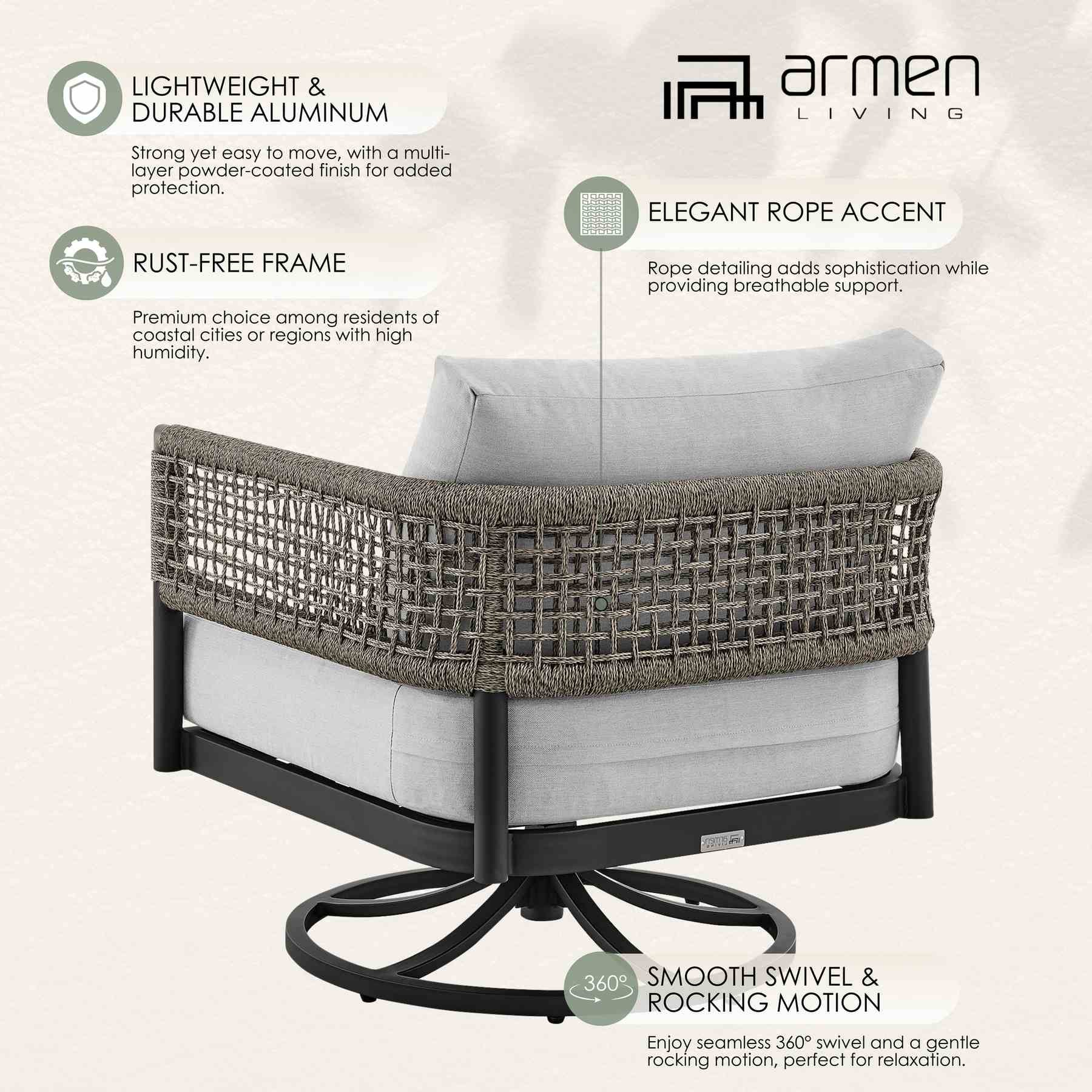 Alegria Outdoor Patio Swivel Rocking Chair in Black Aluminum and Gray Rope with Cushions - Image 13