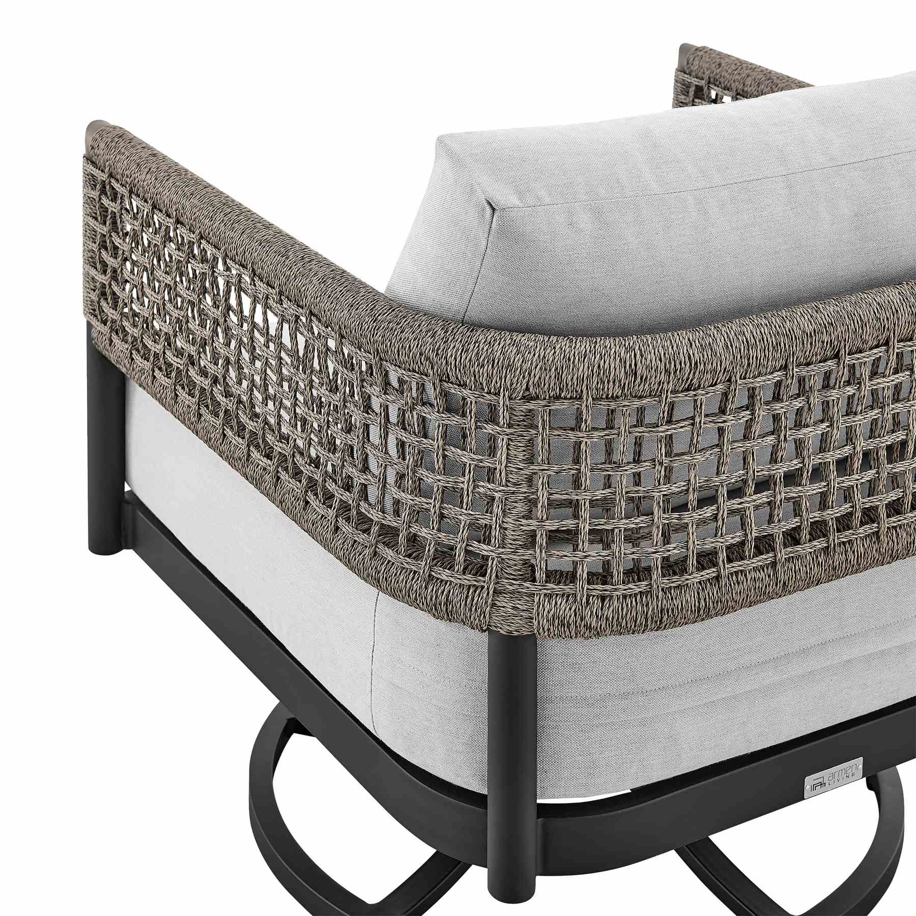 Alegria Outdoor Patio Swivel Rocking Chair in Black Aluminum and Gray Rope with Cushions - Image 6