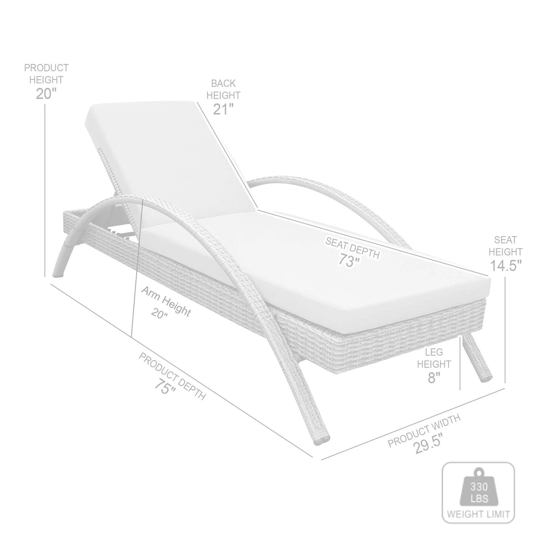 Aloha Adjustable Patio Outdoor Chaise Lounge Chair in White Wicker and Gray Cushions - Image 9