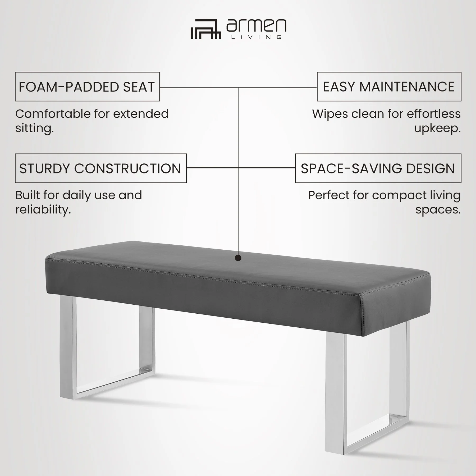 Amanda Contemporary Dining Bench in Gray Faux Leather and Chrome Finish - Image 8