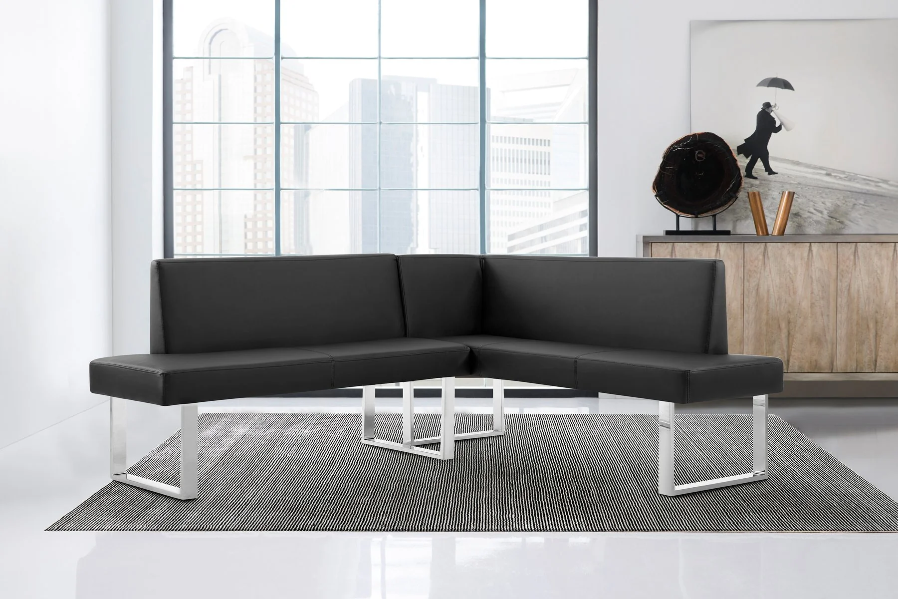 Amanda Contemporary Nook Corner Dining Bench in Black Faux Leather and Chrome Finish - Image 9