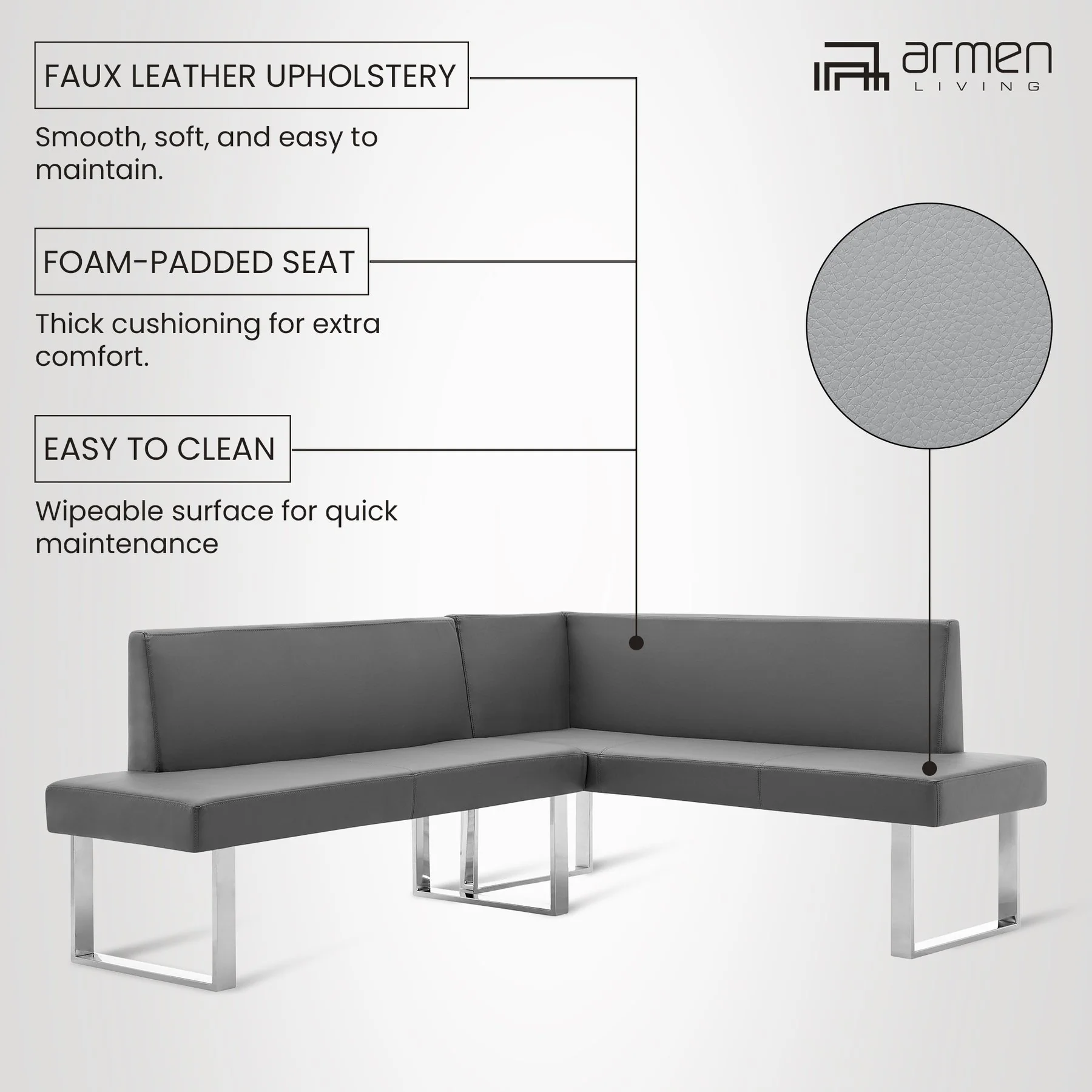 Amanda Contemporary Nook Corner Dining Bench in Gray Faux Leather and Chrome Finish - Image 10