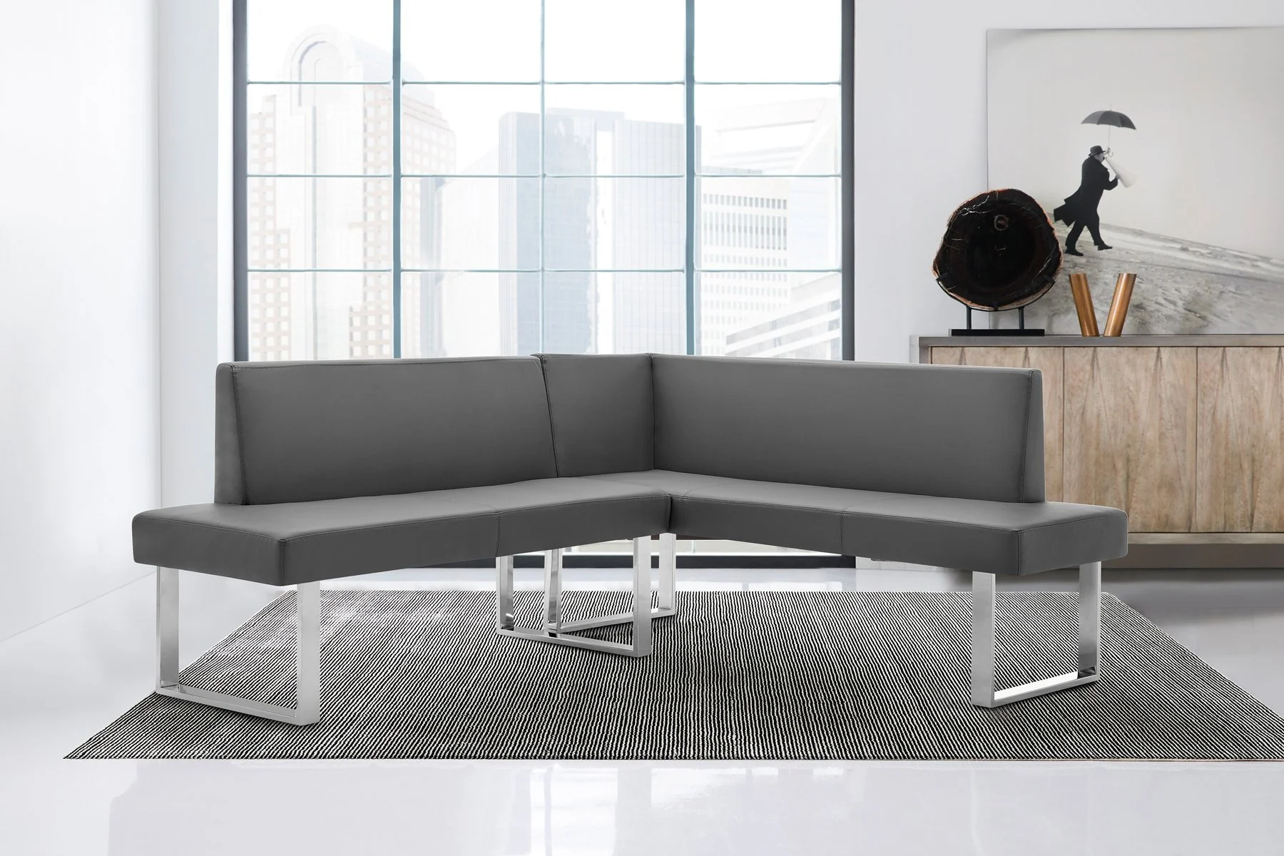 Amanda Contemporary Nook Corner Dining Bench in Gray Faux Leather and Chrome Finish - Image 8