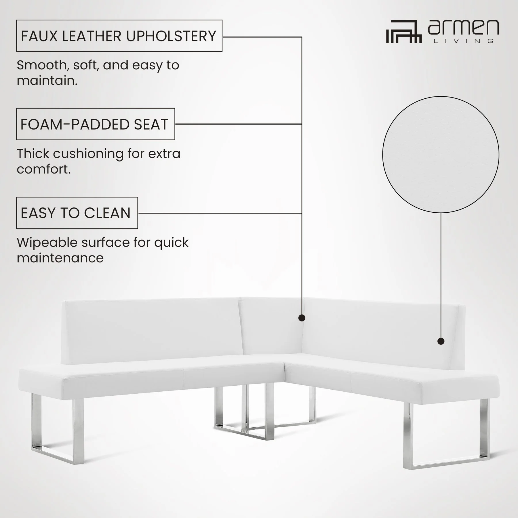 Amanda Contemporary Nook Corner Dining Bench in White Faux Leather and Chrome Finish - Image 10