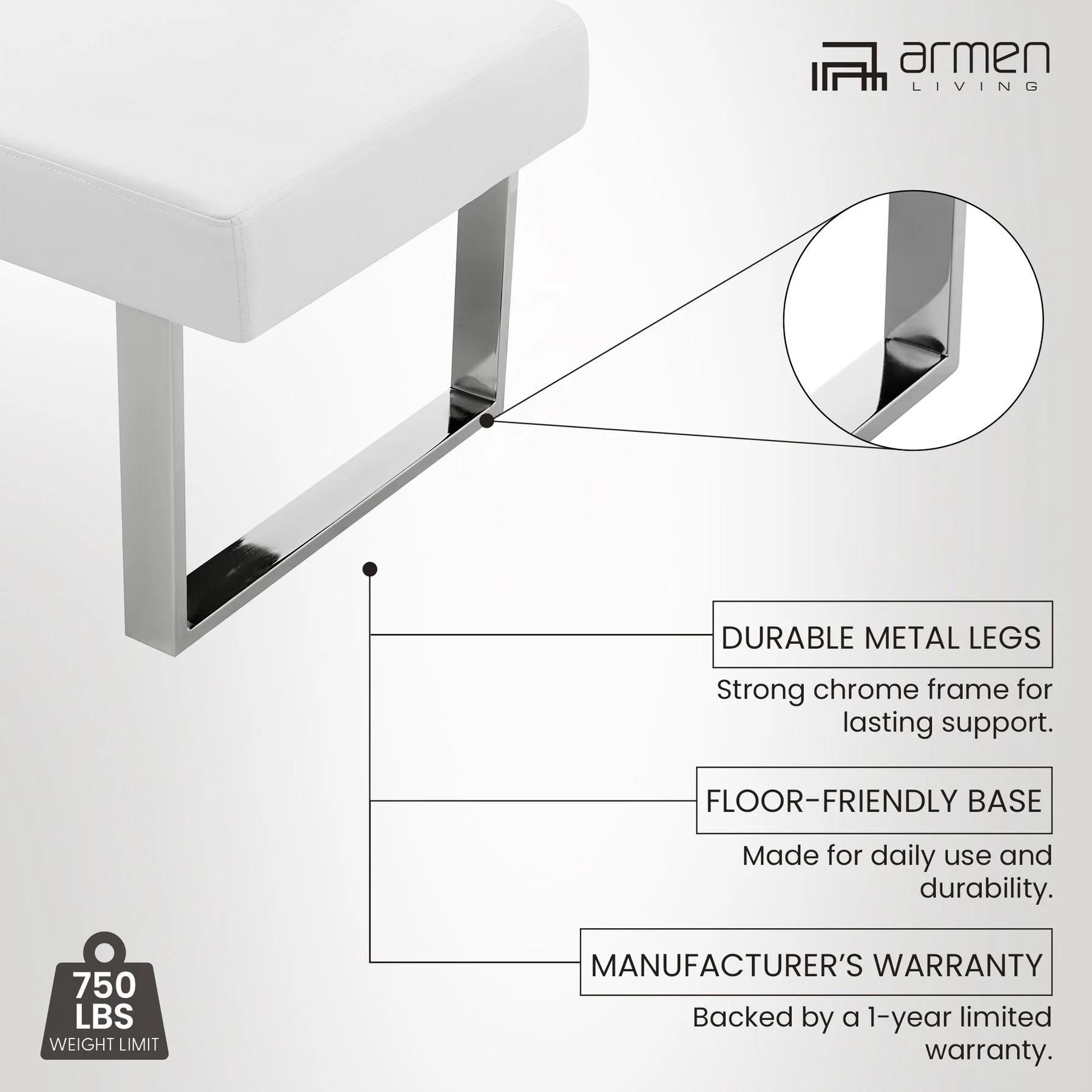 Amanda Contemporary Nook Corner Dining Bench in White Faux Leather and Chrome Finish - Image 11