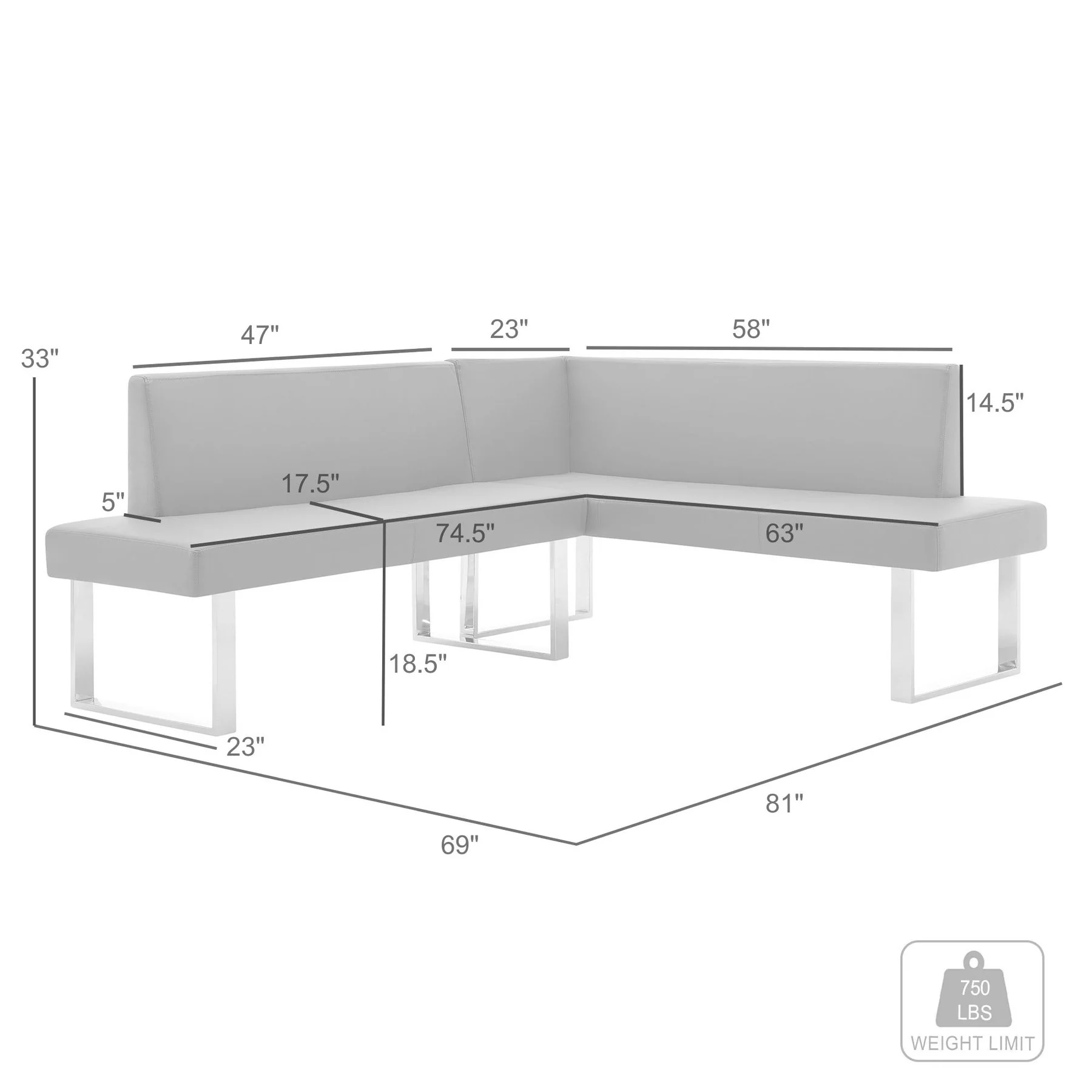Amanda Contemporary Nook Corner Dining Bench in White Faux Leather and Chrome Finish - Image 7
